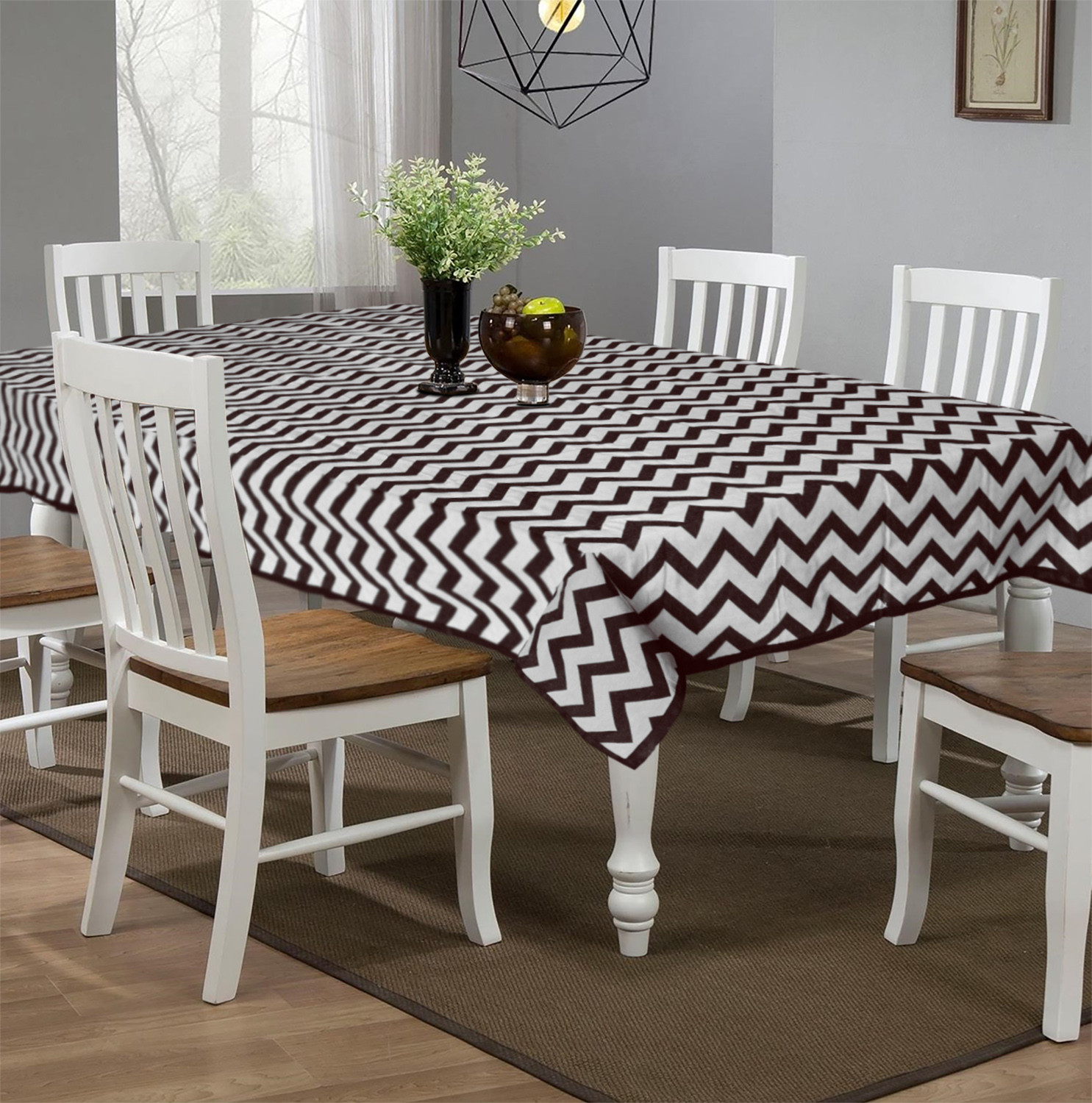 Kuber Industries Cotton Zig Zag Print 6 Seater Dining Table Cover/Table Cloth For Home & Dining Table (Brown) 54KM4374