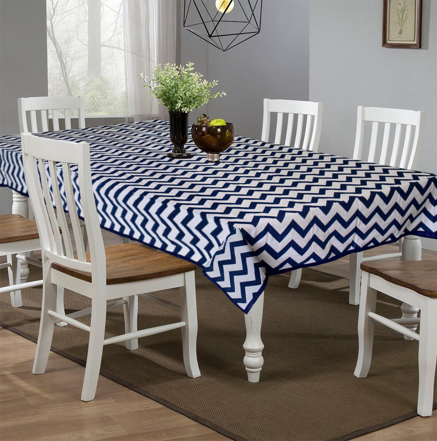 Kuber Industries Cotton Zig Zag Print 6 Seater Dining Table Cover/Table Cloth For Home & Dining Table (Blue) 54KM4375