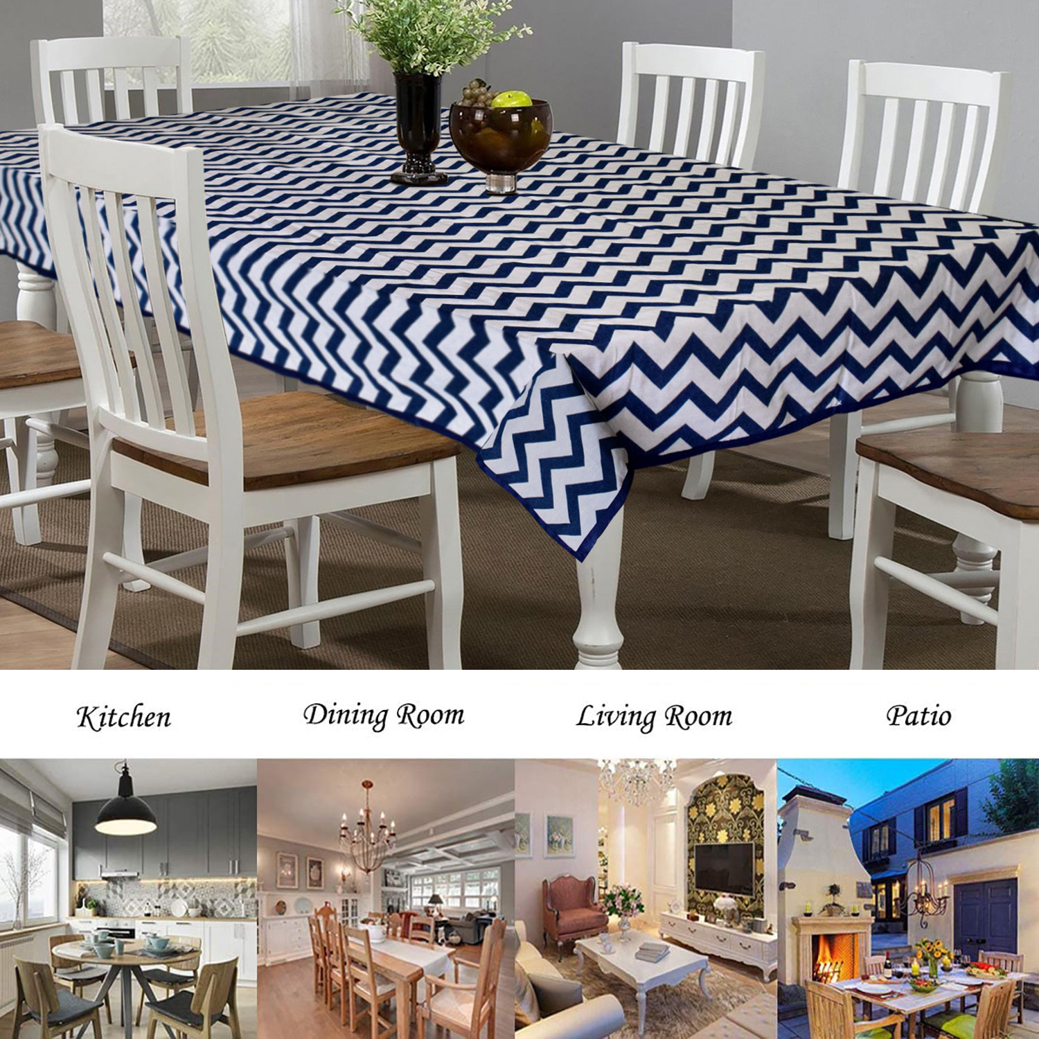 Kuber Industries Cotton Zig Zag Print 6 Seater Dining Table Cover/Table Cloth For Home & Dining Table (Blue) 54KM4375