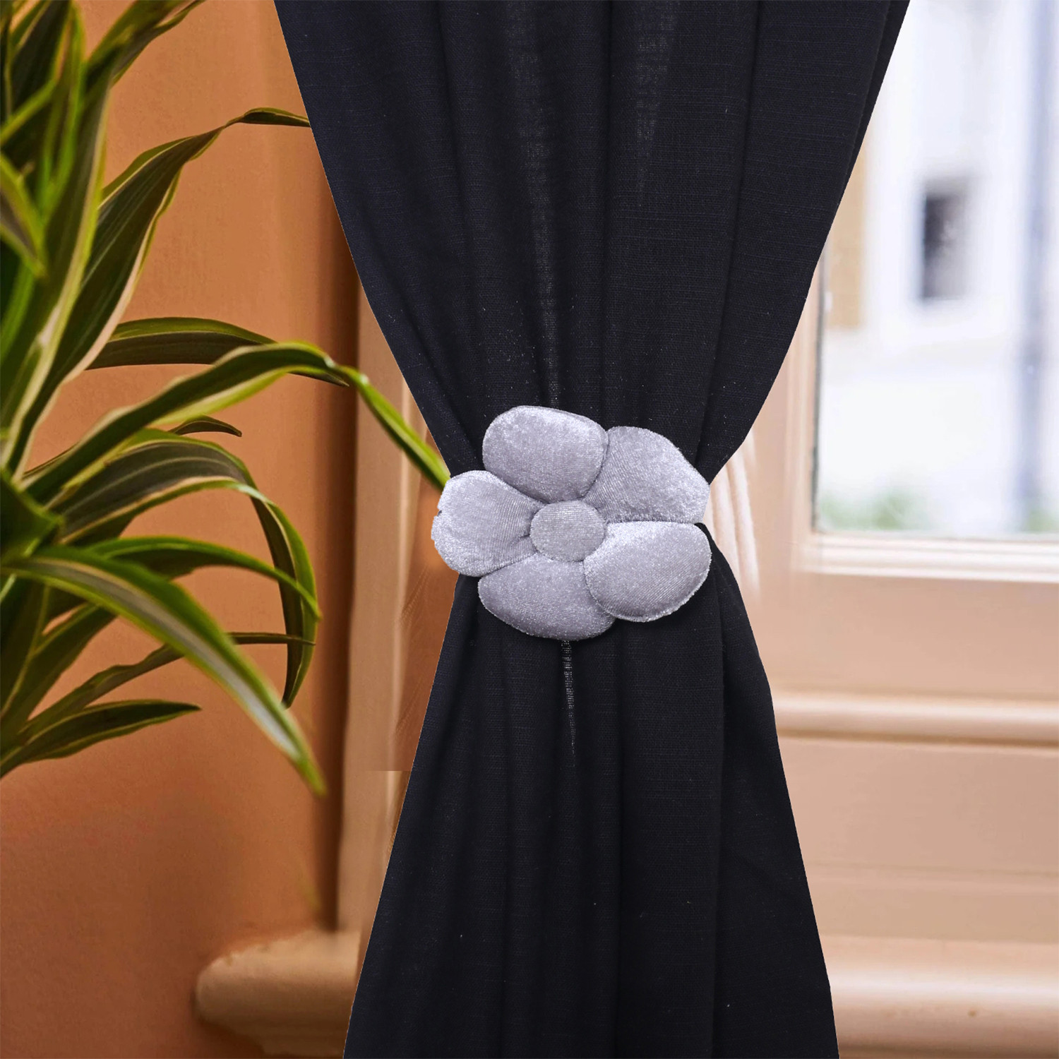 Kuber Industries Curtain Tassel | Velvet Flower Tieback Curtain Tassel |Tassel for Home Decorative | 2 Pieces Drape Tie Back Tassel for Home | Office | Gray