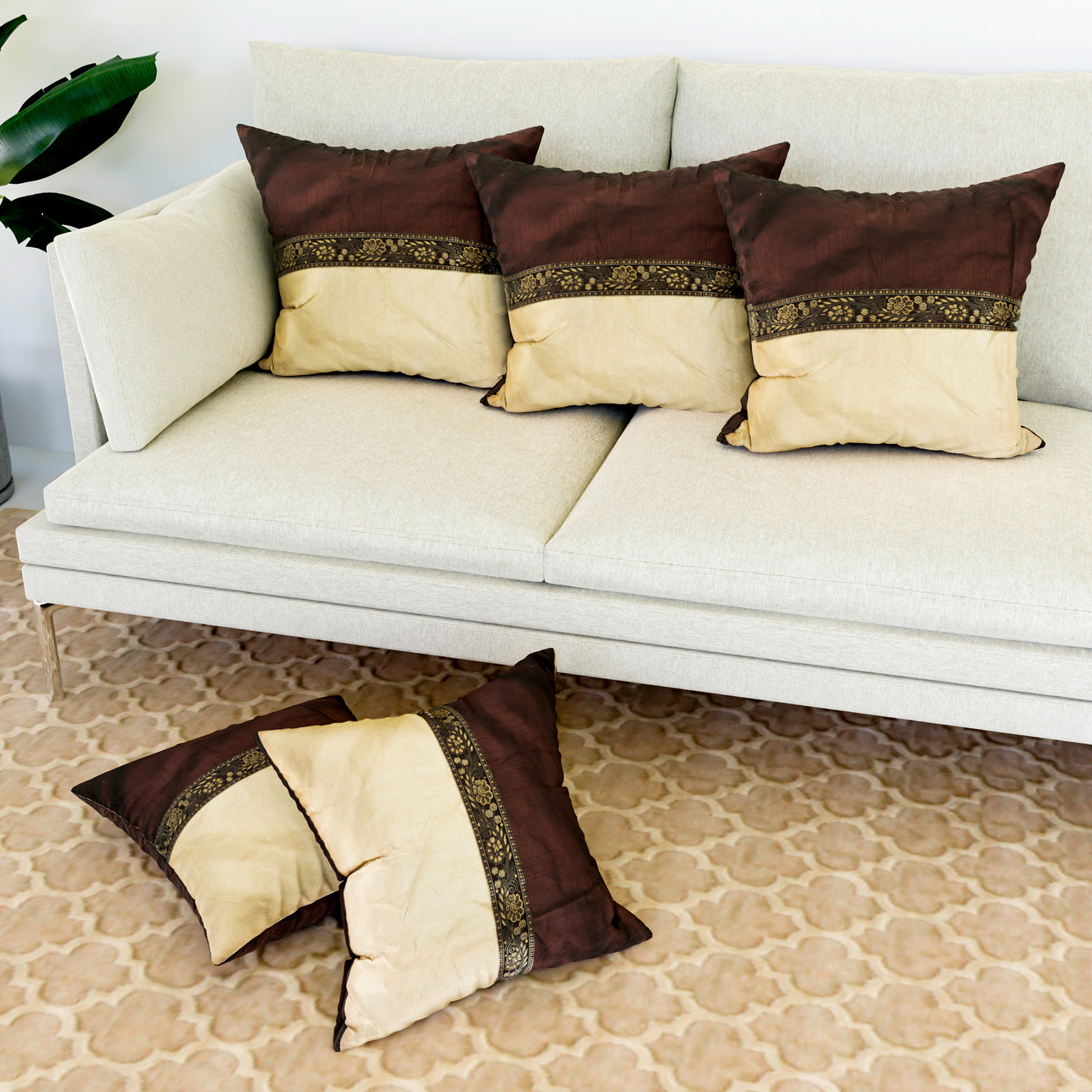 Kuber Industries Cushion Cover  Pillow Covers for Sofa  Throw Cushion Cover  Dupion Polyester Cushion Covers  Center Lace Cushion Covers  Set of 5  12 Inch  Brown