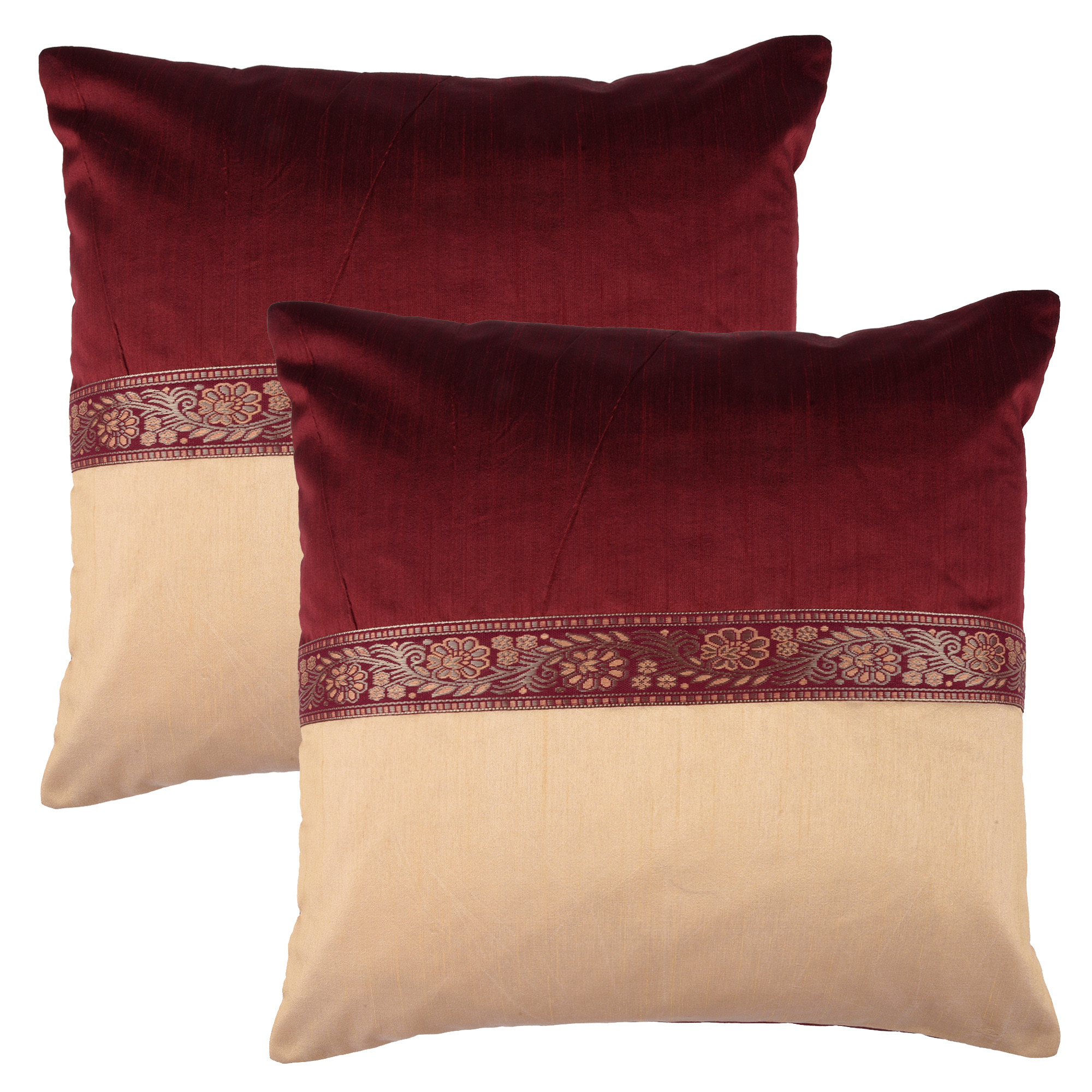 Kuber Industries Cushion Cover  Pillow Covers for Sofa  Throw Cushion Cover  Dupion Polyester Cushion Covers  Center Lace Cushion Covers  Set of 5  16 Inch  Maroon