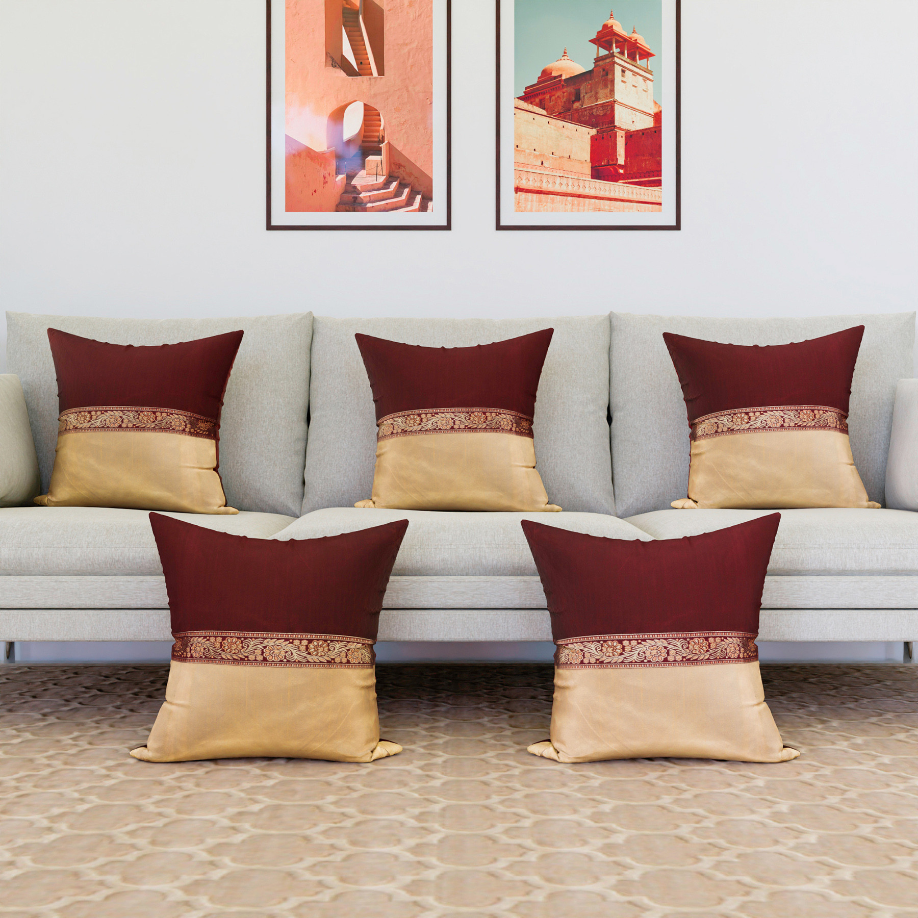 Kuber Industries Cushion Cover  Pillow Covers for Sofa  Throw Cushion Cover  Dupion Polyester Cushion Covers  Center Lace Cushion Covers  Set of 5  16 Inch  Maroon