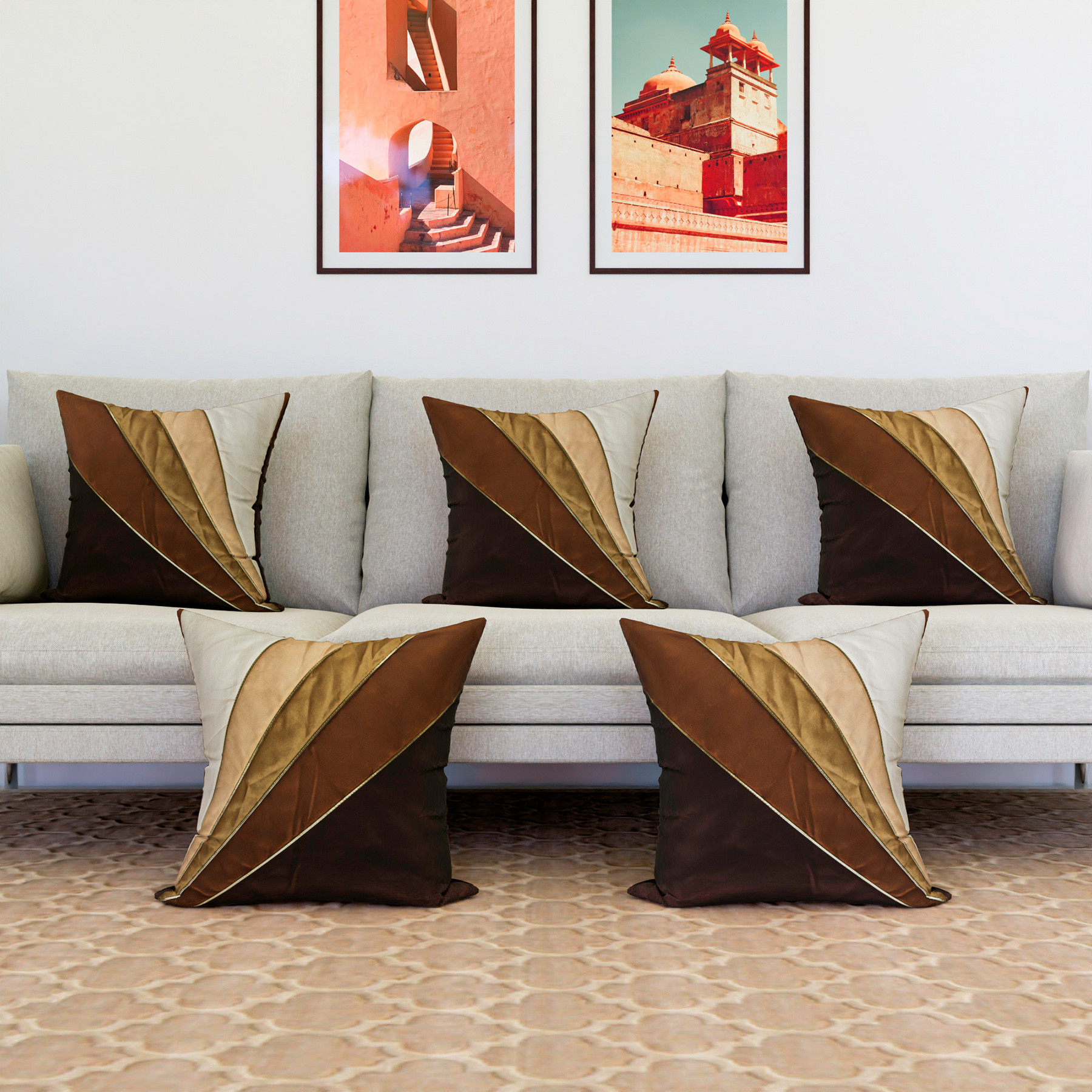 Kuber Industries Cushion Cover  Pillow Covers for Sofa  Throw Cushion Cover  Dupion Polyester Cushion Covers  Cream Patang Wire Cushion Covers  Set of 5  16 Inch  Brown