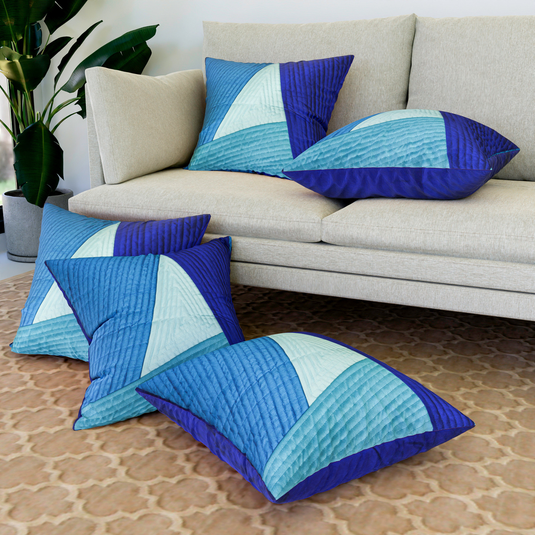 Kuber Industries Cushion Cover | Pillow Covers for Sofa | Throw Cushion Cover | Dupion Polyester Cushion Covers | 4 In 1 Triangular Cushion Covers | Set of 5 | 16 Inch | Blue