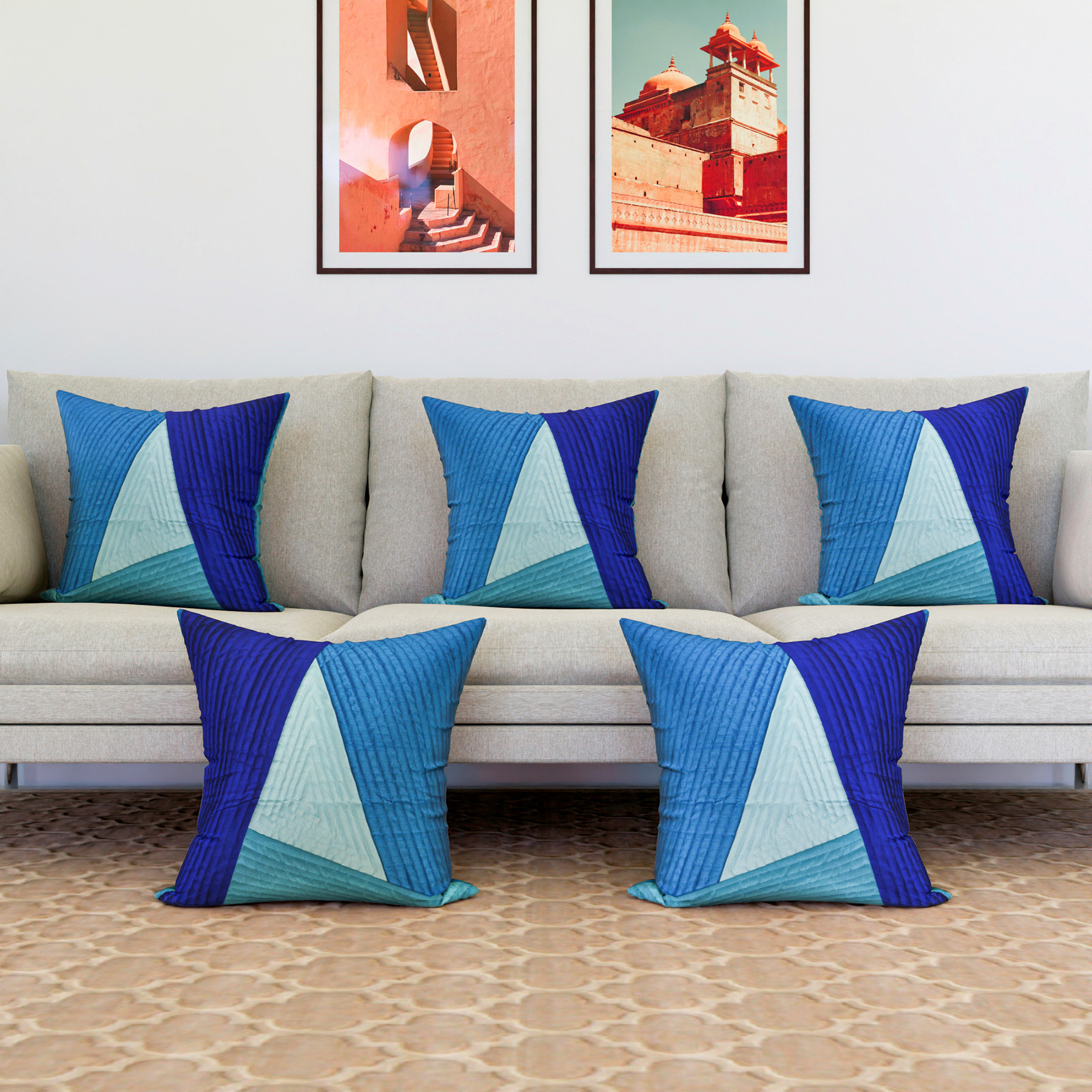 Kuber Industries Cushion Cover | Pillow Covers for Sofa | Throw Cushion Cover | Dupion Polyester Cushion Covers | 4 In 1 Triangular Cushion Covers | Set of 5 | 16 Inch | Blue