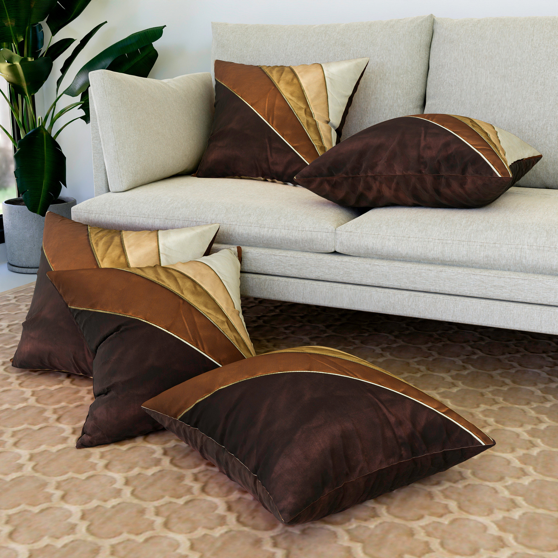 Kuber Industries Cushion Cover | Pillow Covers for Sofa | Throw Cushion Cover | Dupion Polyester Cushion Covers | Cream Patang Wire Cushion Covers | Set of 5 | 16 Inch | Brown