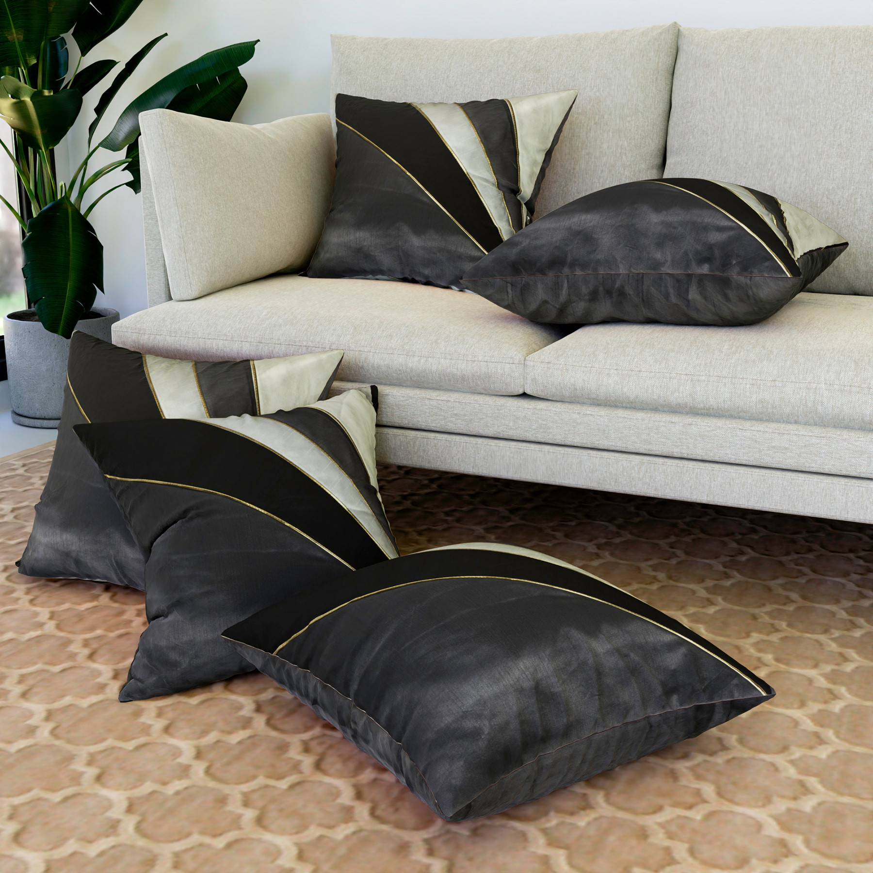 Kuber Industries Cushion Cover | Pillow Covers for Sofa | Throw Cushion Cover | Dupion Polyester Cushion Covers | Grey Patang Wire Cushion Covers | Set of 5 | 16 Inch | Black