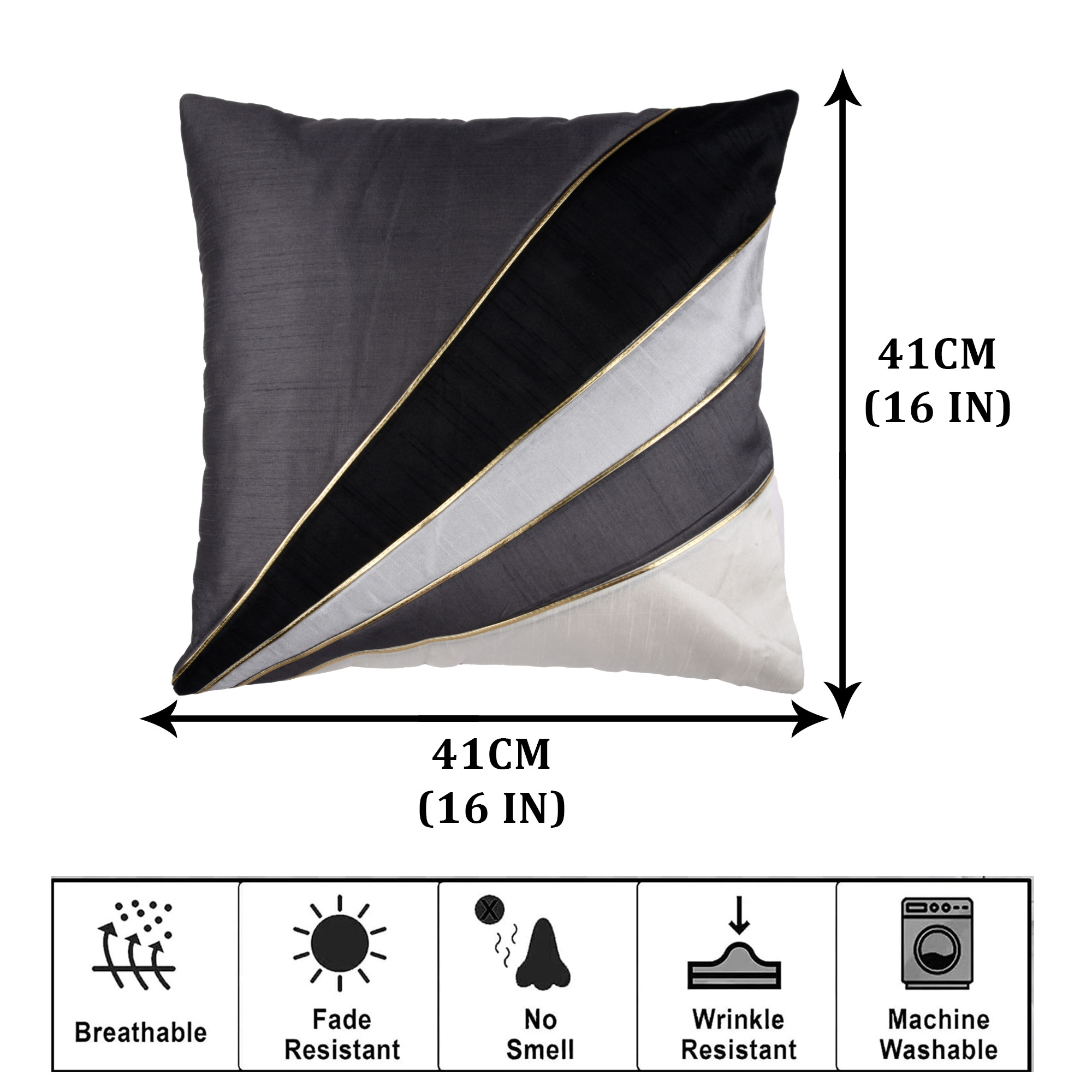 Kuber Industries Cushion Cover | Pillow Covers for Sofa | Throw Cushion Cover | Dupion Polyester Cushion Covers | Grey Patang Wire Cushion Covers | Set of 5 | 16 Inch | Black