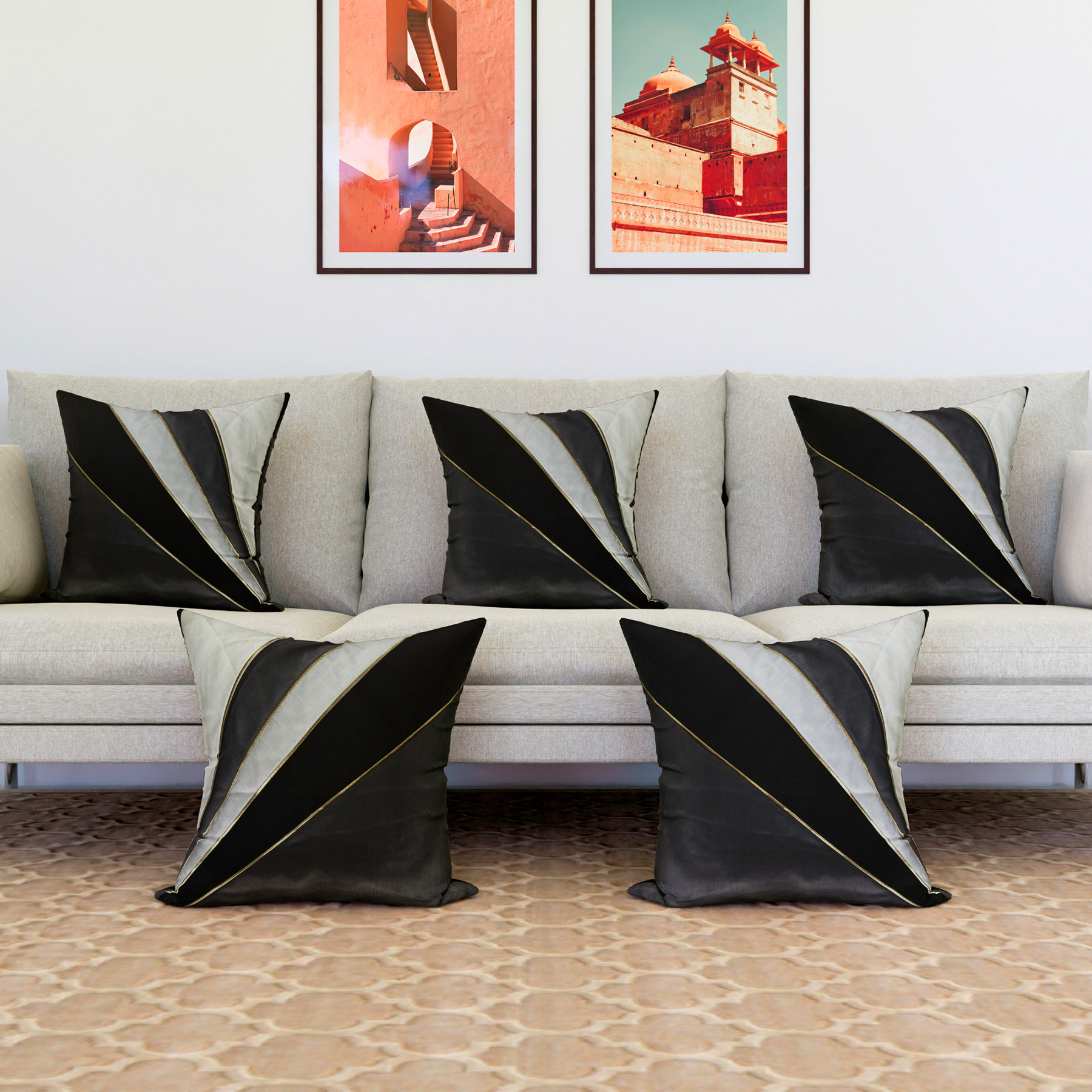 Kuber Industries Cushion Cover | Pillow Covers for Sofa | Throw Cushion Cover | Dupion Polyester Cushion Covers | Grey Patang Wire Cushion Covers | Set of 5 | 16 Inch | Black