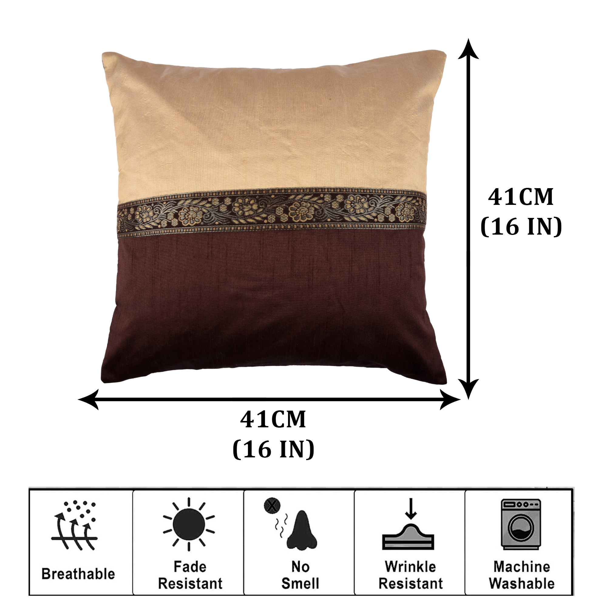Kuber Industries Cushion Cover | Pillow Covers for Sofa | Throw Cushion Cover | Dupion Polyester Cushion Covers | Center Lace Cushion Covers | Set of 5 | 16 Inch | Brown