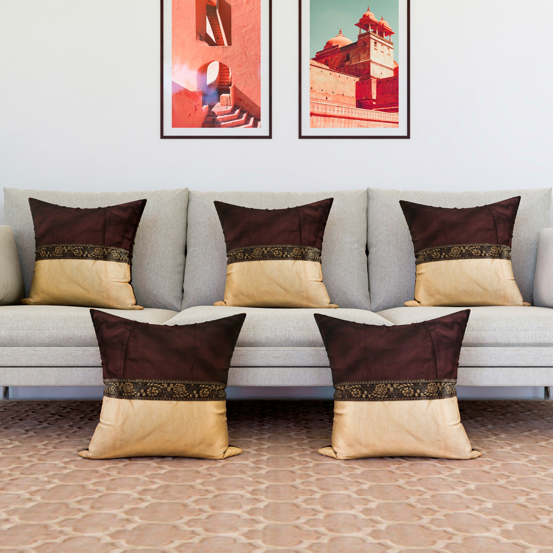Kuber Industries Cushion Cover | Pillow Covers for Sofa | Throw Cushion Cover | Dupion Polyester Cushion Covers | Center Lace Cushion Covers | Set of 5 | 16 Inch | Brown