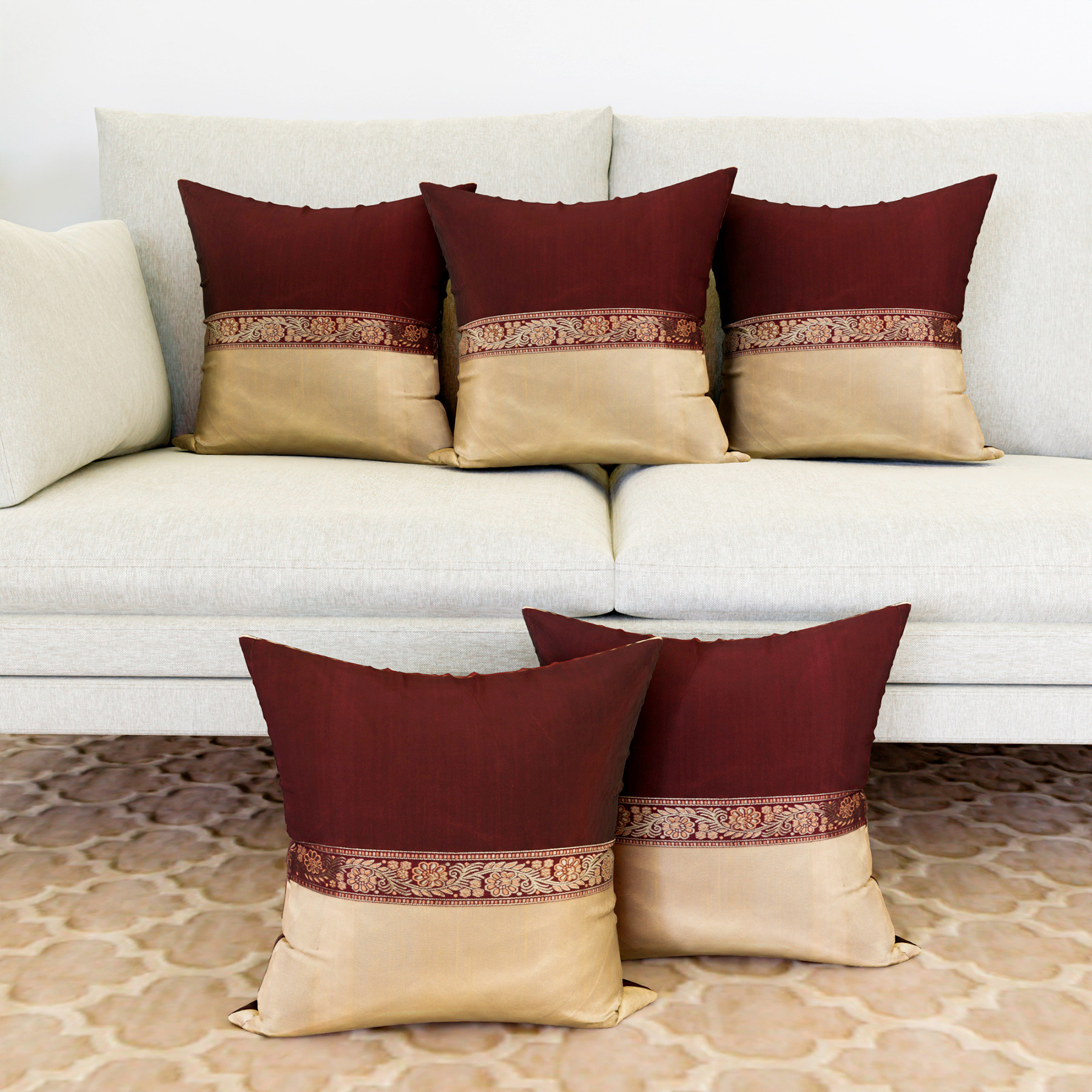 Kuber Industries Cushion Cover | Pillow Covers for Sofa | Throw Cushion Cover | Dupion Polyester Cushion Covers | Center Lace Cushion Covers | Set of 5 | 12 Inch | Maroon
