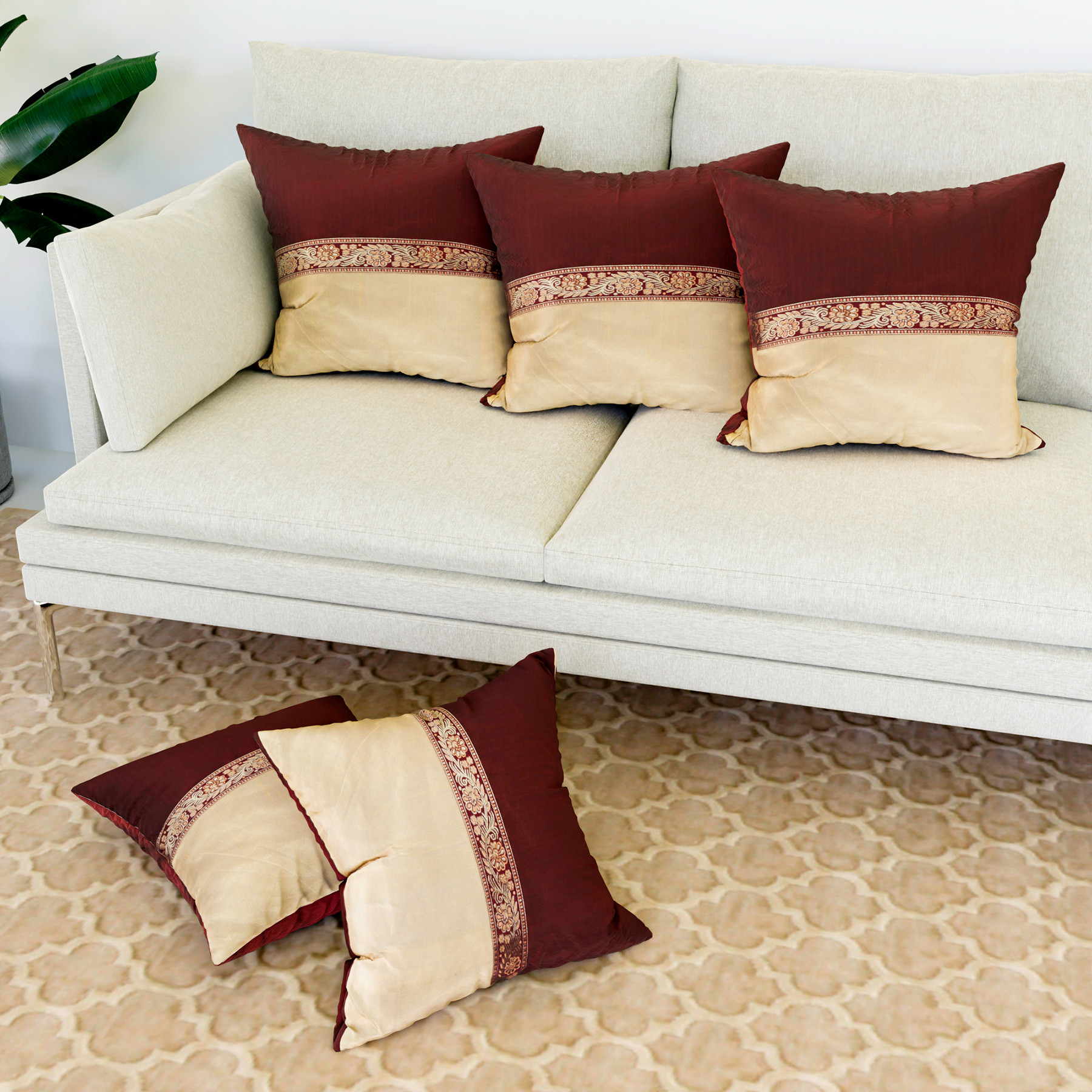 Kuber Industries Cushion Cover | Pillow Covers for Sofa | Throw Cushion Cover | Dupion Polyester Cushion Covers | Center Lace Cushion Covers | Set of 5 | 12 Inch | Maroon
