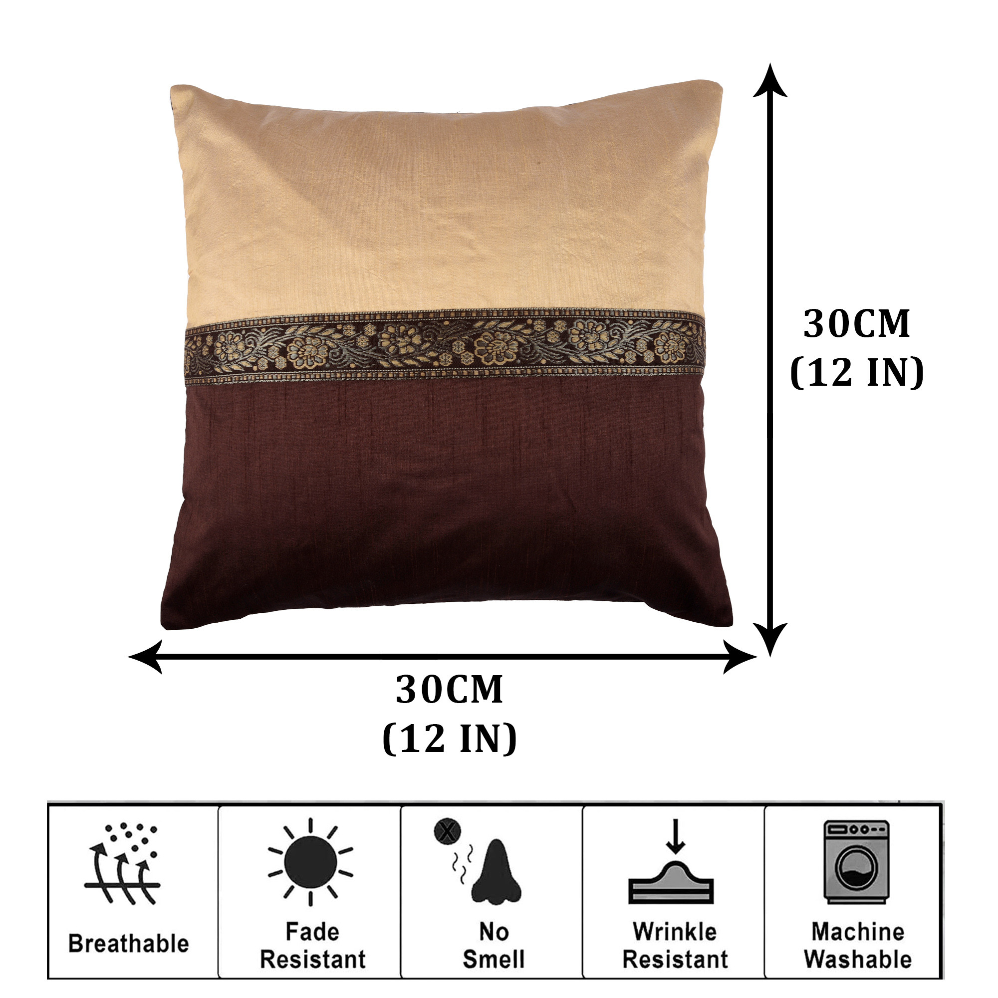 Kuber Industries Cushion Cover | Pillow Covers for Sofa | Throw Cushion Cover | Dupion Polyester Cushion Covers | Center Lace Cushion Covers | Set of 5 | 12 Inch | Brown