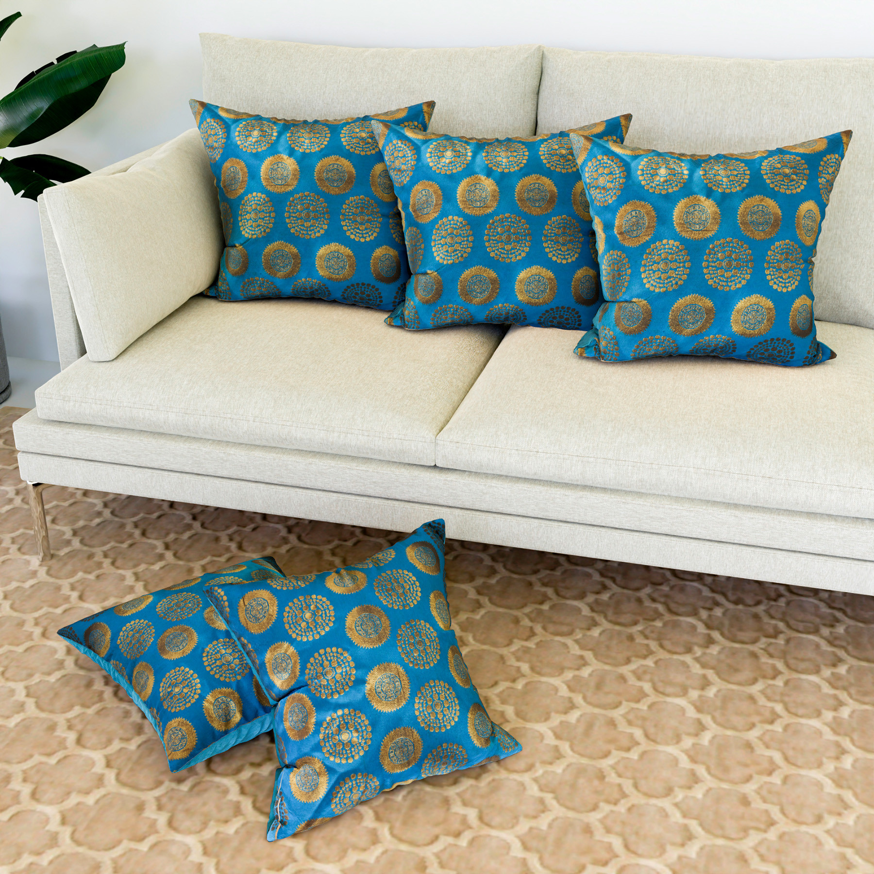 Kuber Industries Cushion Cover  Pillow Covers for Sofa  Throw Cushion Cover  Polyester Cushion Covers  Banarasi Gola Cushion Covers  Set of 5  12 Inch  Firozi