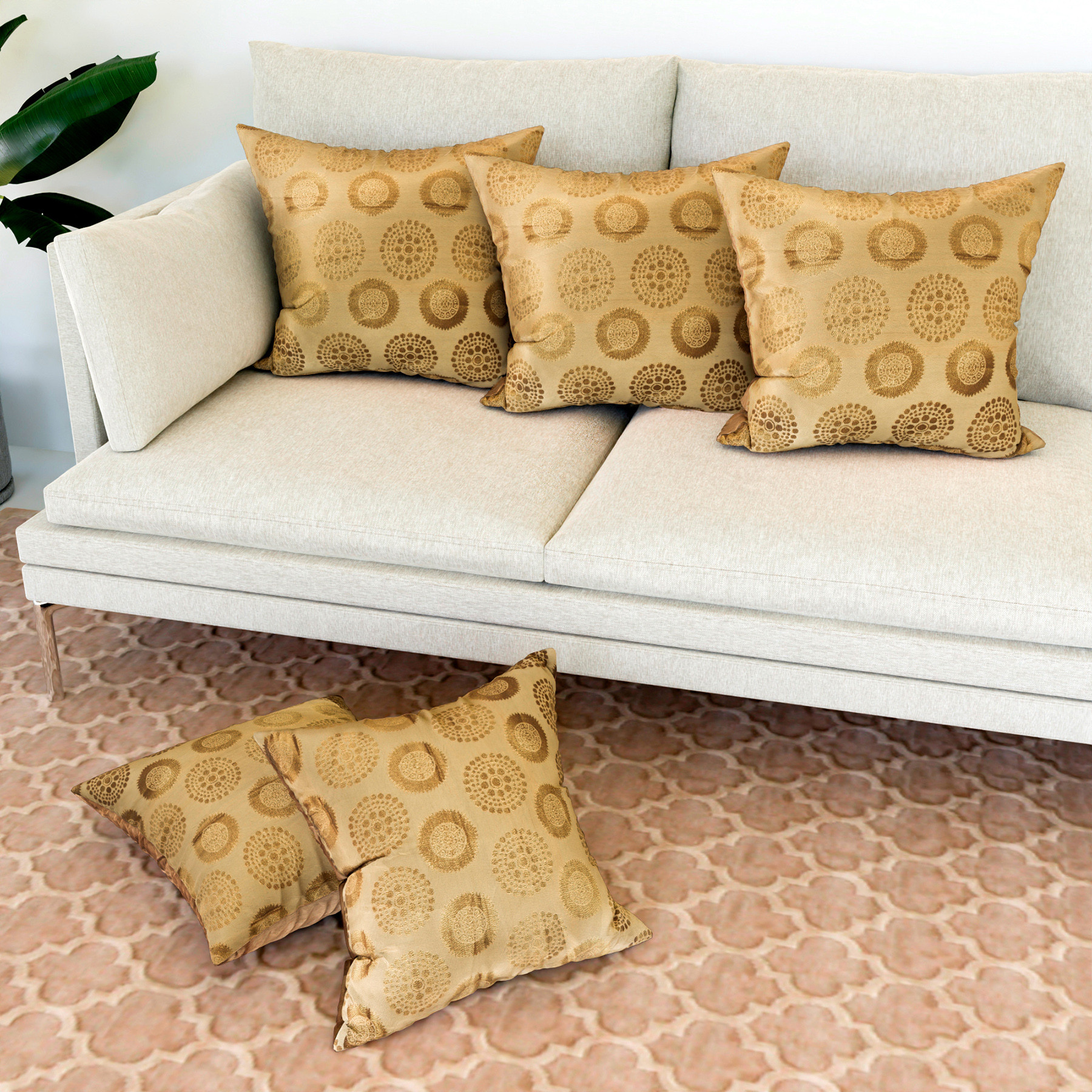 Kuber Industries Cushion Cover  Pillow Covers for Sofa  Throw Cushion Cover  Polyester Cushion Covers  Banarasi Gola Cushion Covers  Set of 5  12 Inch  Golden