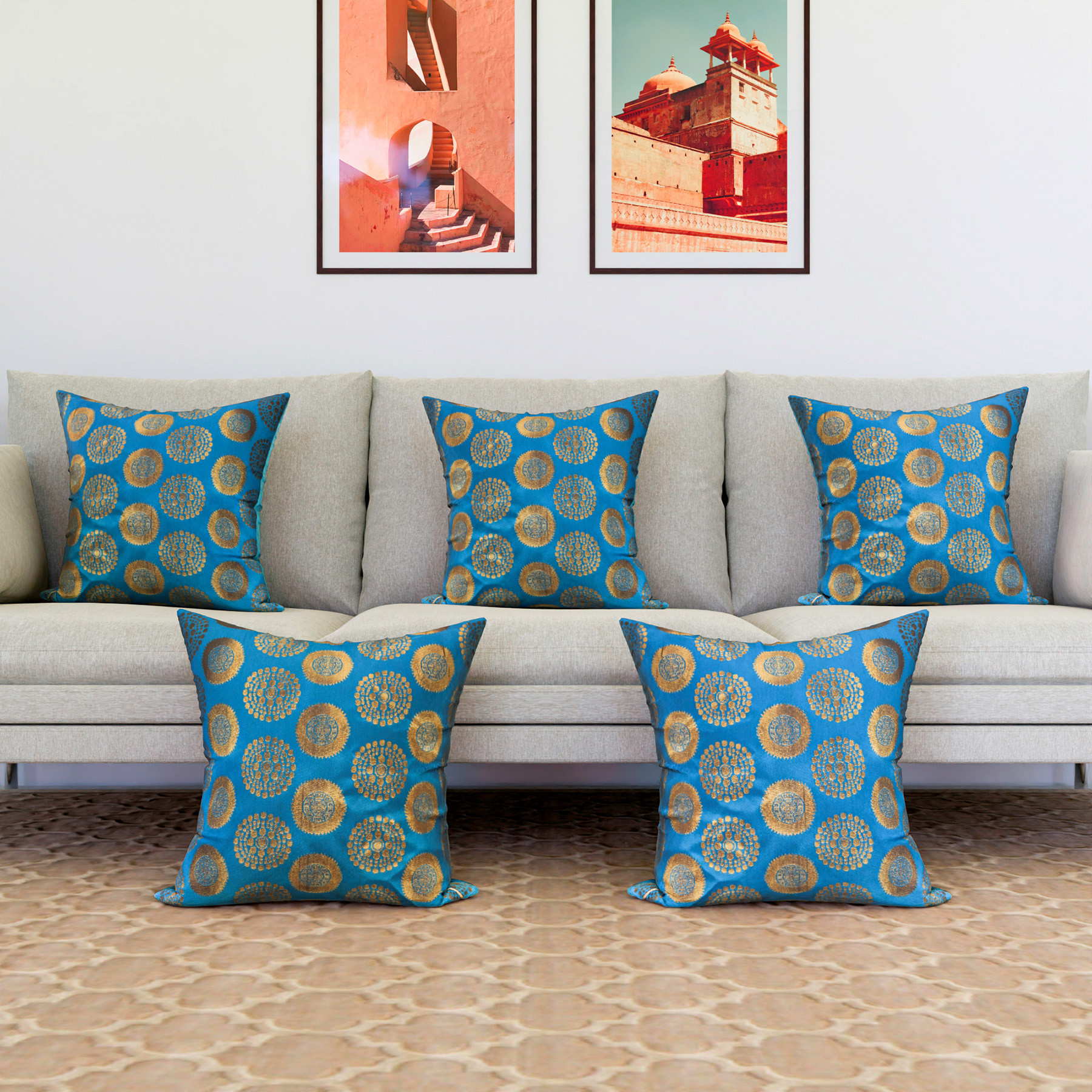 Kuber Industries Cushion Cover  Pillow Covers for Sofa  Throw Cushion Cover  Polyester Cushion Covers  Banarasi Gola Cushion Covers  Set of 5  16 Inch  Firozi