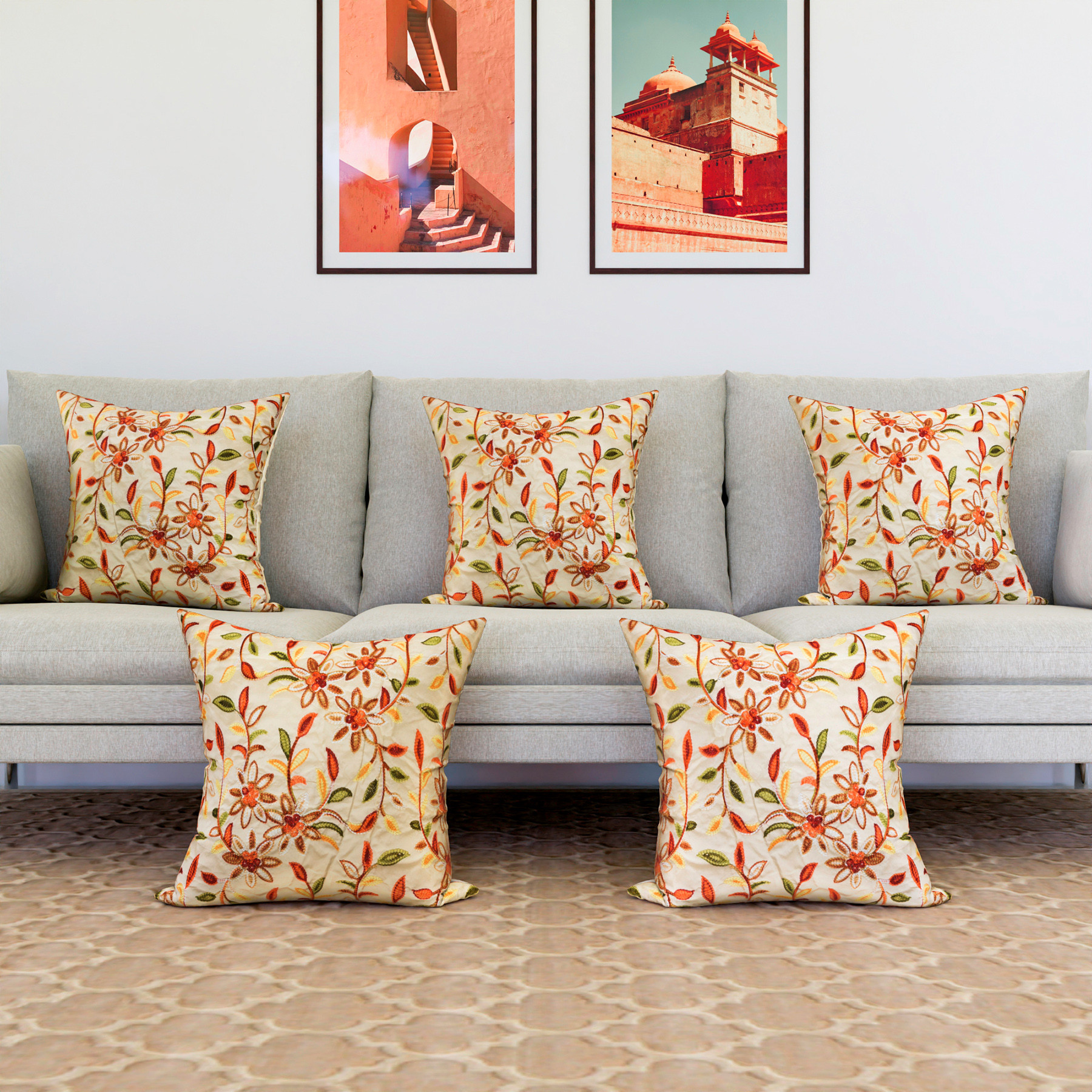 Kuber Industries Cushion Cover  Pillow Covers for Sofa  Throw Cushion Cover  Polyester Cushion Covers  Embroidery Cushion Covers  Set of 5  16 Inch  Cream