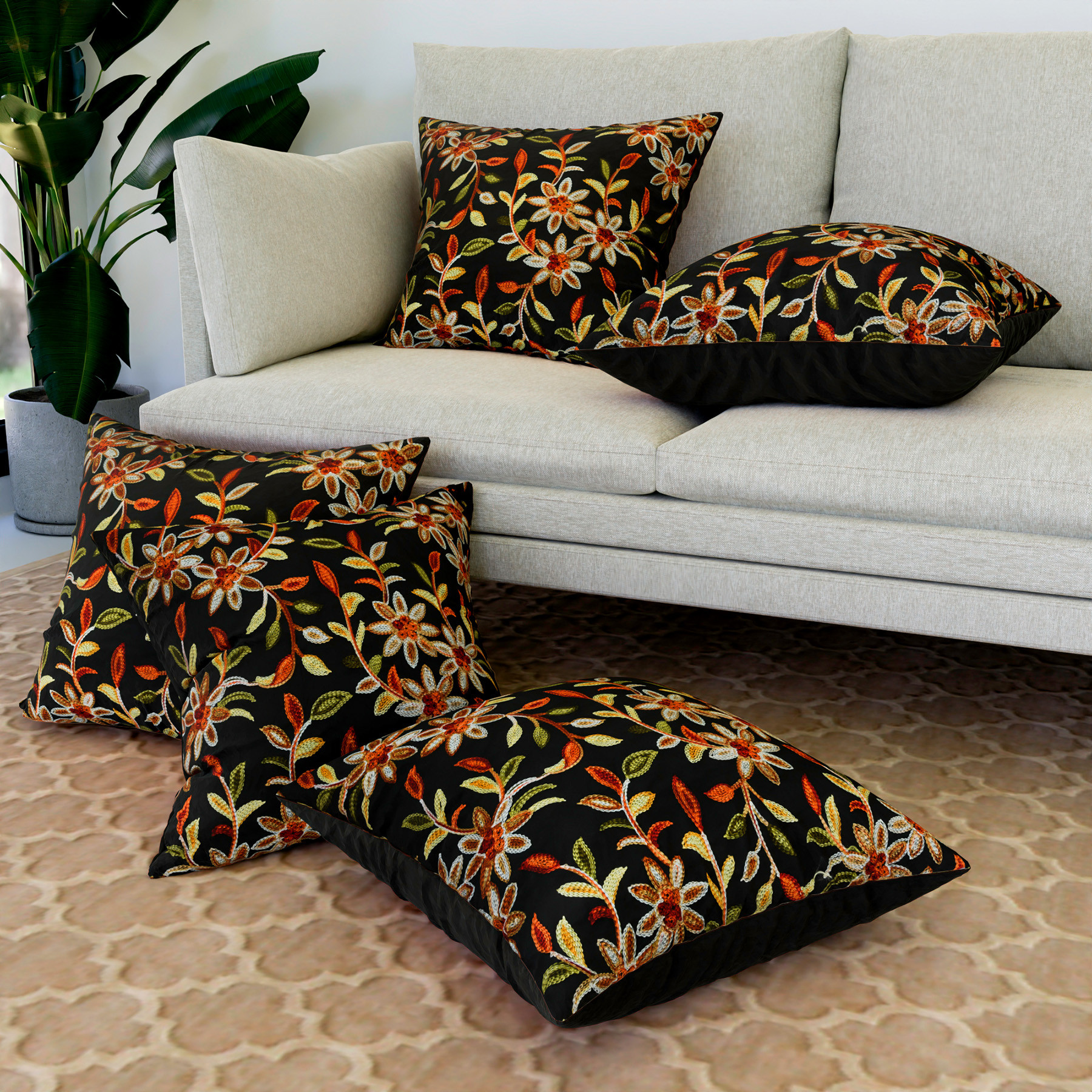 Kuber Industries Cushion Cover | Pillow Covers for Sofa | Throw Cushion Cover | Polyester Cushion Covers | Embroidery Cushion Covers | Set of 5 | 16 Inch | Black