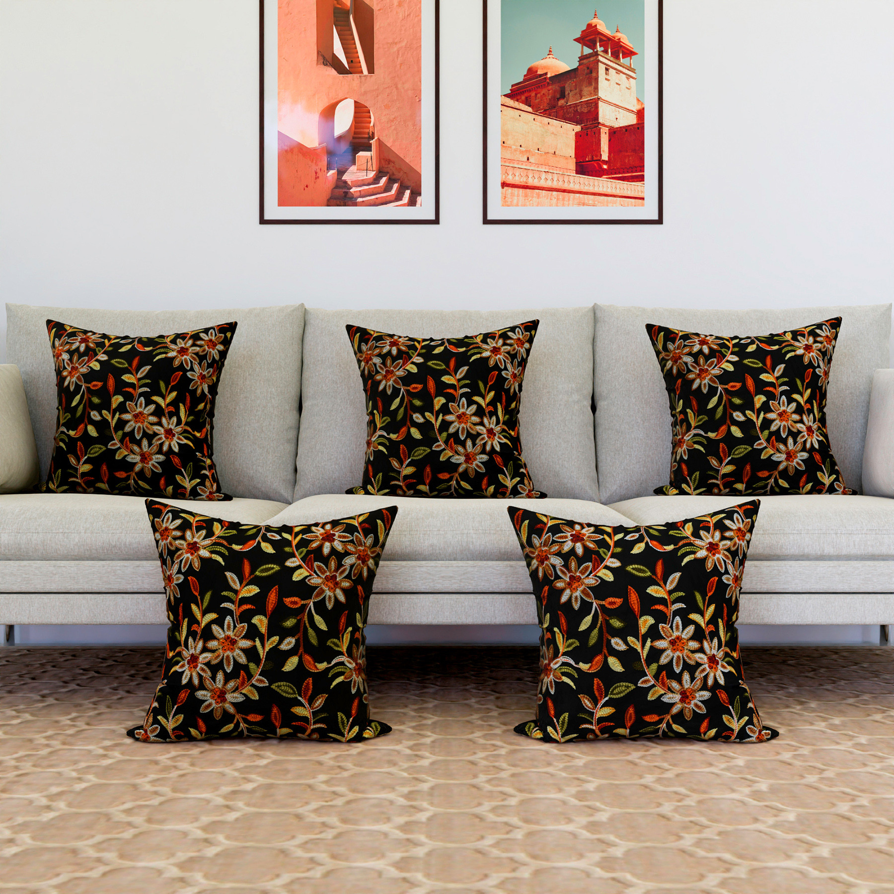Kuber Industries Cushion Cover | Pillow Covers for Sofa | Throw Cushion Cover | Polyester Cushion Covers | Embroidery Cushion Covers | Set of 5 | 16 Inch | Black