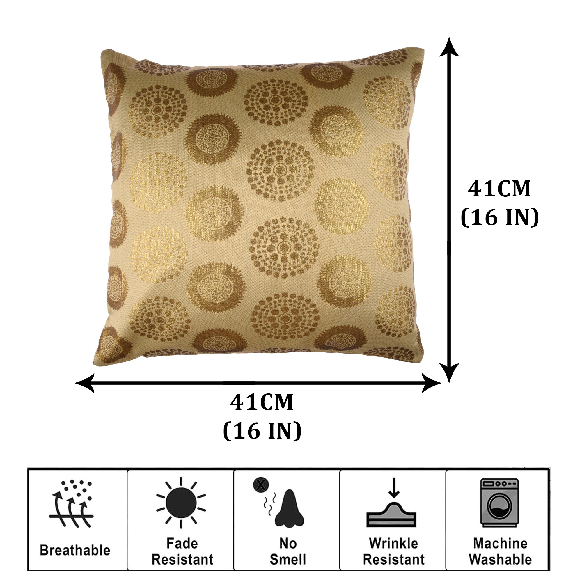 Kuber Industries Cushion Cover | Pillow Covers for Sofa | Throw Cushion Cover | Polyester Cushion Covers | Banarasi Gola Cushion Covers | Set of 5 | 16 Inch | Golden