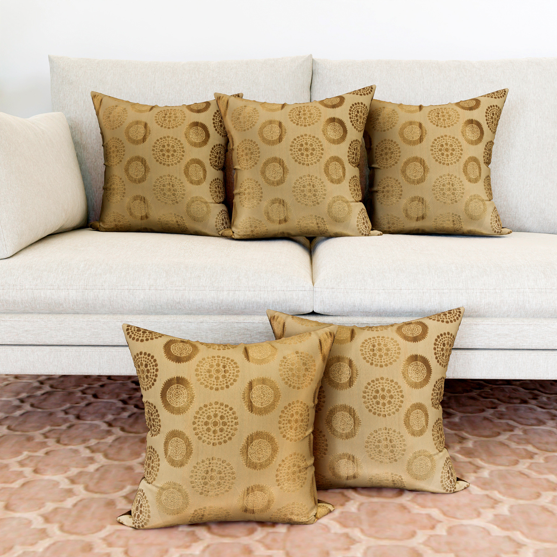 Kuber Industries Cushion Cover | Pillow Covers for Sofa | Throw Cushion Cover | Polyester Cushion Covers | Banarasi Gola Cushion Covers | Set of 5 | 12 Inch | Golden