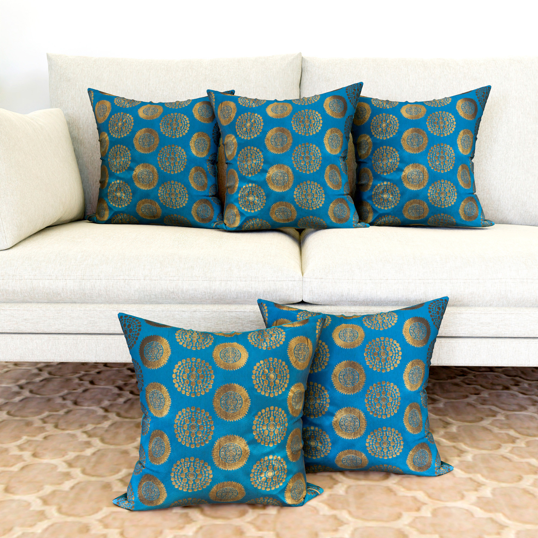 Kuber Industries Cushion Cover | Pillow Covers for Sofa | Throw Cushion Cover | Polyester Cushion Covers | Banarasi Gola Cushion Covers | Set of 5 | 12 Inch | Firozi