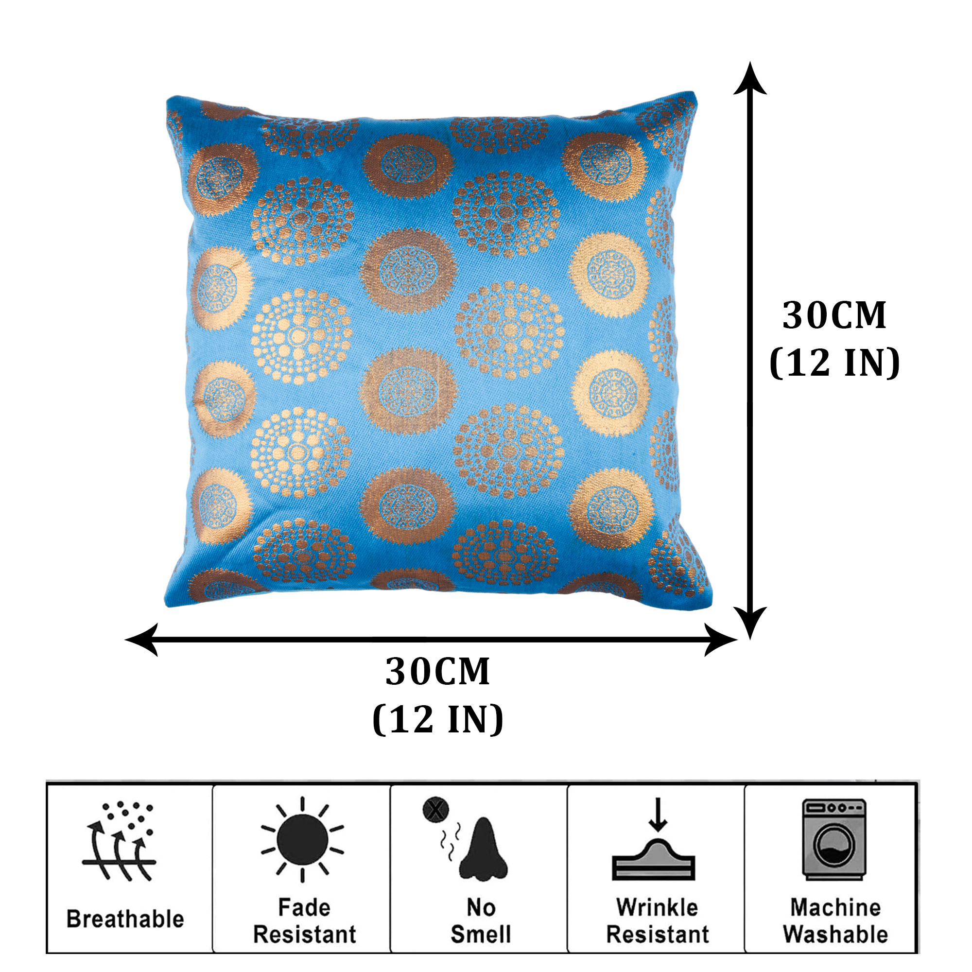 Kuber Industries Cushion Cover | Pillow Covers for Sofa | Throw Cushion Cover | Polyester Cushion Covers | Banarasi Gola Cushion Covers | Set of 5 | 12 Inch | Firozi