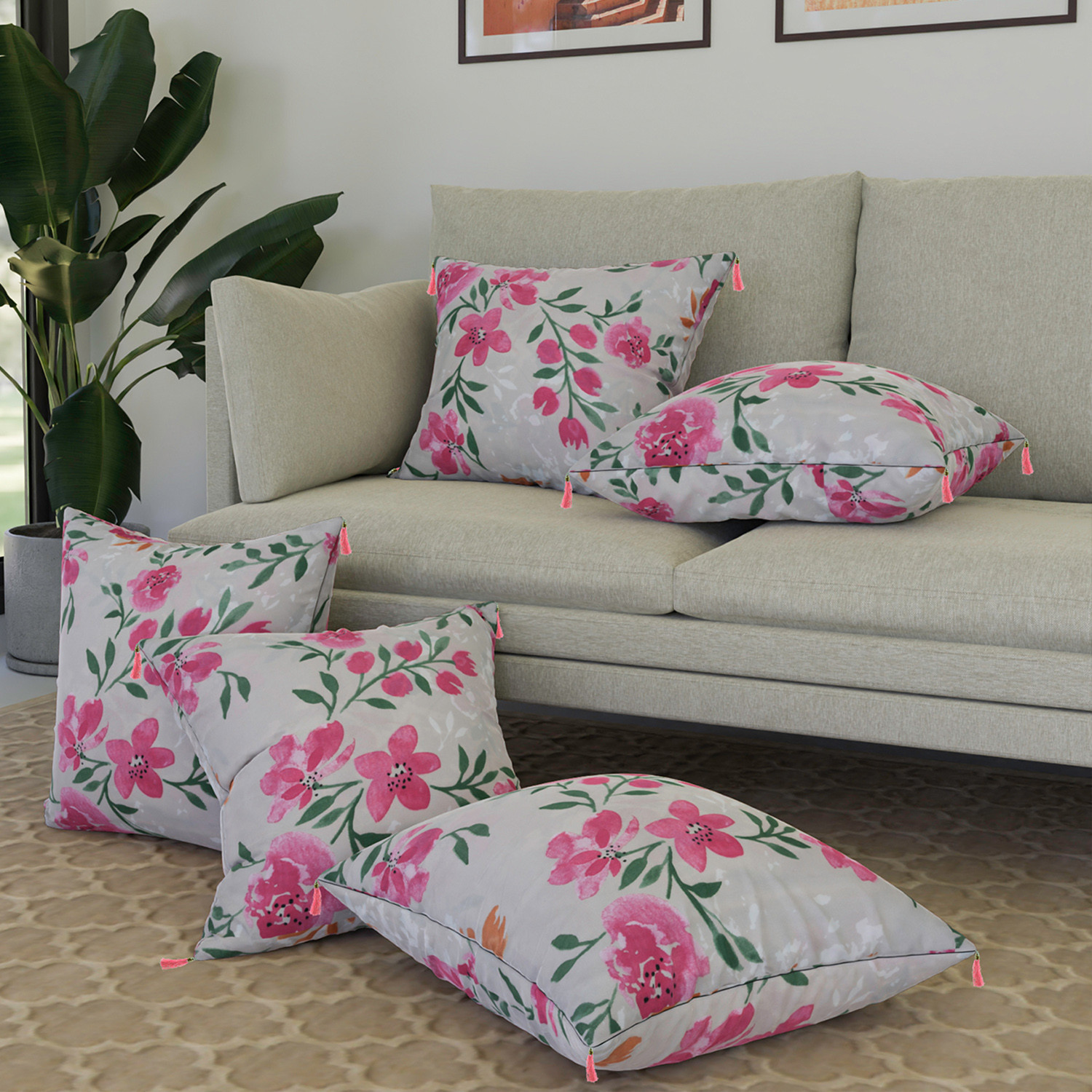 Kuber Industries Cushion Cover | Square Cushion Covers | Cotton Cushion Covers | Green Leaf Print Cushion Covers with Tassels | Set of 5 | 16 Inch | Multicolor