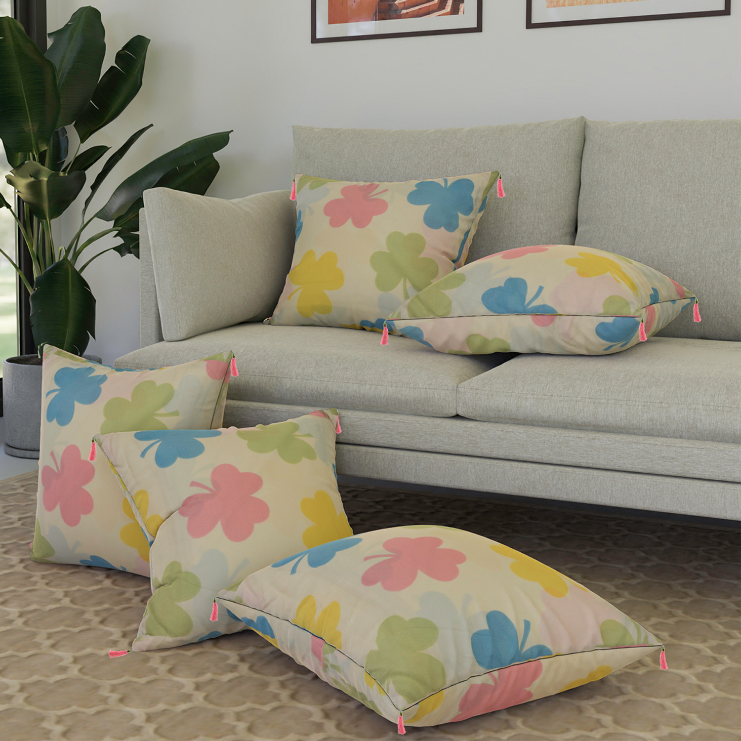 Kuber Industries Cushion Cover | Square Cushion Covers | Cotton Cushion Covers | Multi-Flower Design Cushion Covers with Tassels | Set of 5 | 16 Inch | Cream