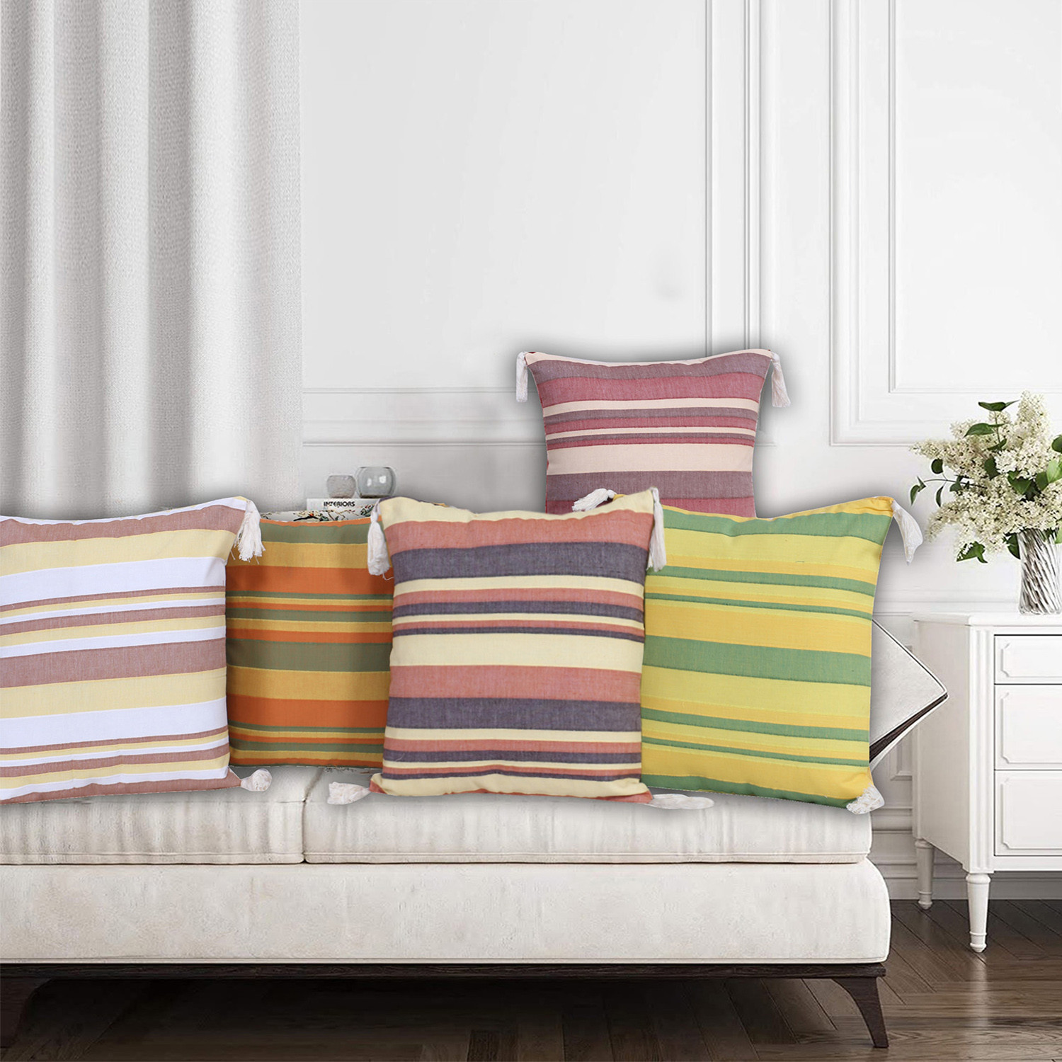 Kuber Industries Cushion Cover With Corner Tassel|Ractangle Cushion Covers|Sofa Cushion Covers|Cushion Covers 16 inch x 16 inch|Cushion Cover Set of 5 (Multicolor)