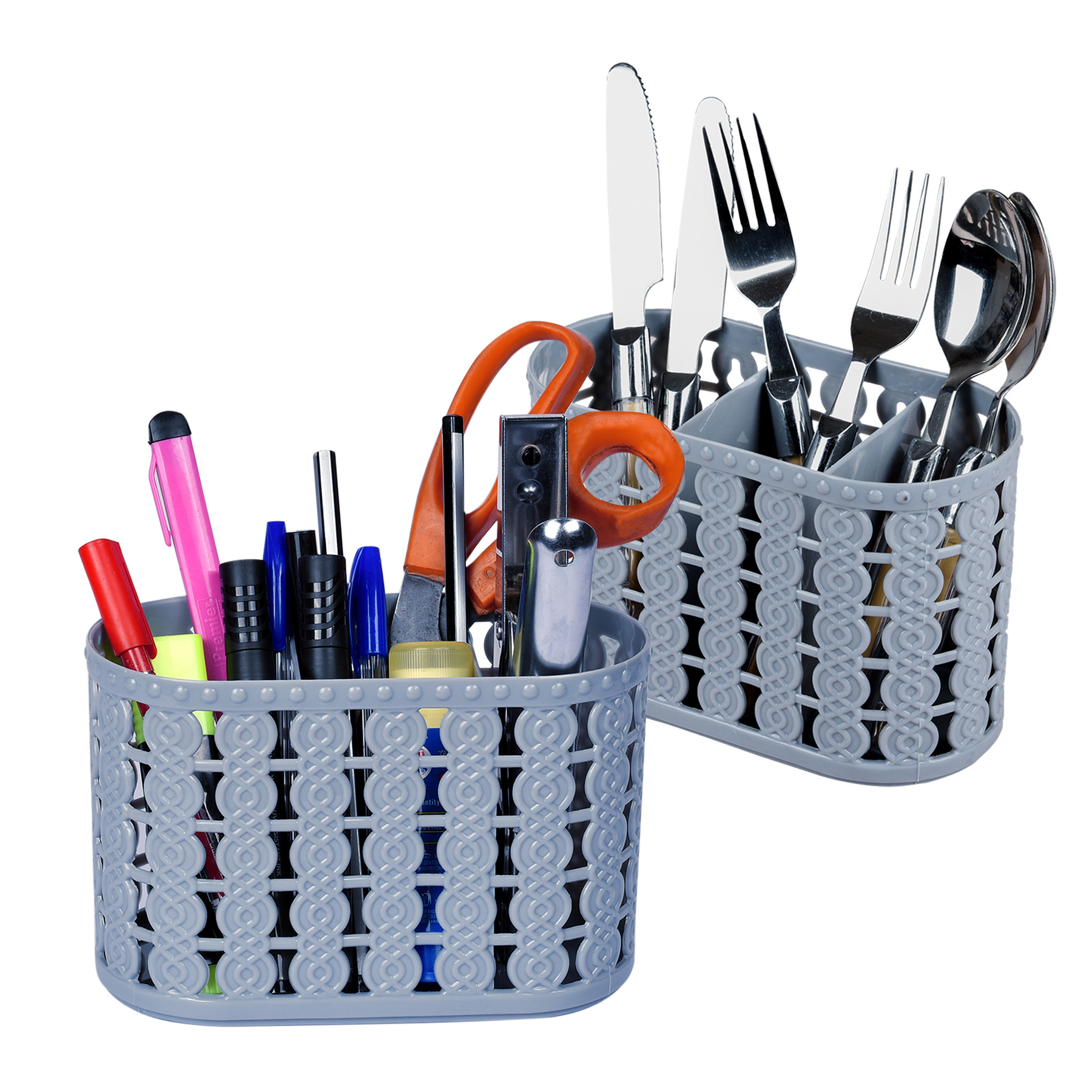 Kuber Industries Cutlery Holder | Kitchen Organizer with 3 Compartments | Stationery Organizer | Dining Tableware Stand | Multipurpose Desk Organizer Box | Sunny | Gray