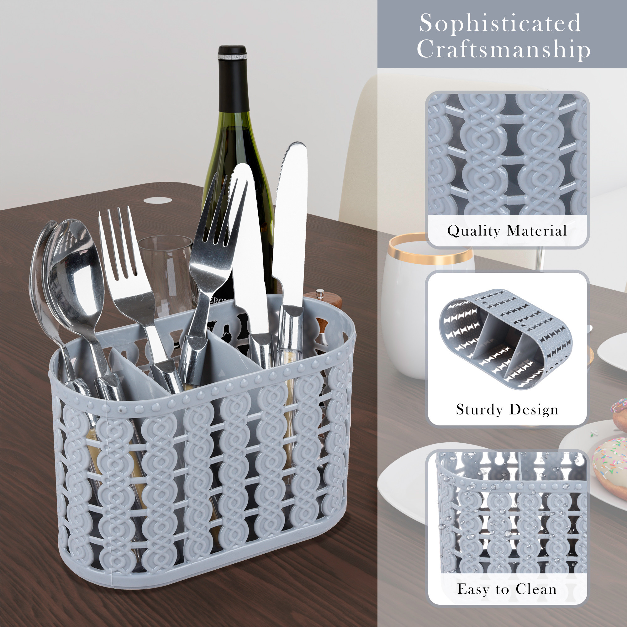 Kuber Industries Cutlery Holder | Kitchen Organizer with 3 Compartments | Stationery Organizer | Dining Tableware Stand | Multipurpose Desk Organizer Box | Sunny | Gray