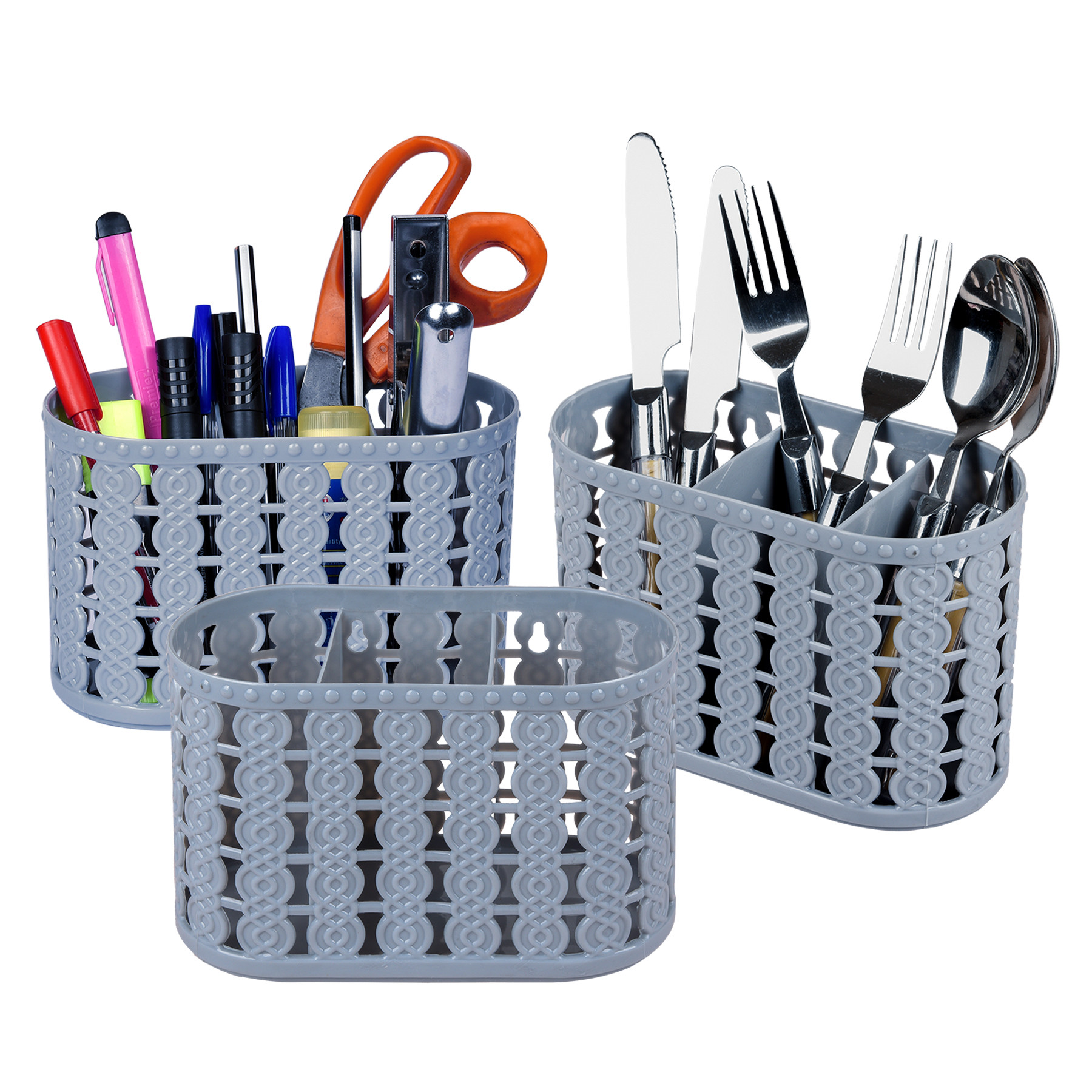 Kuber Industries Cutlery Holder | Kitchen Organizer with 3 Compartments | Stationery Organizer | Dining Tableware Stand | Multipurpose Desk Organizer Box | Sunny | Gray