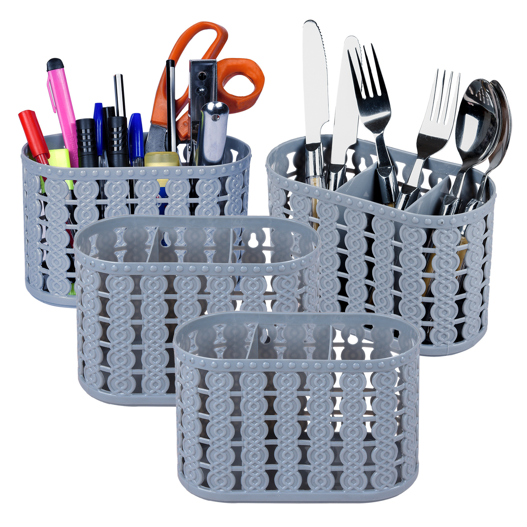 Kuber Industries Cutlery Holder | Kitchen Organizer with 3 Compartments | Stationery Organizer | Dining Tableware Stand | Multipurpose Desk Organizer Box | Sunny | Gray