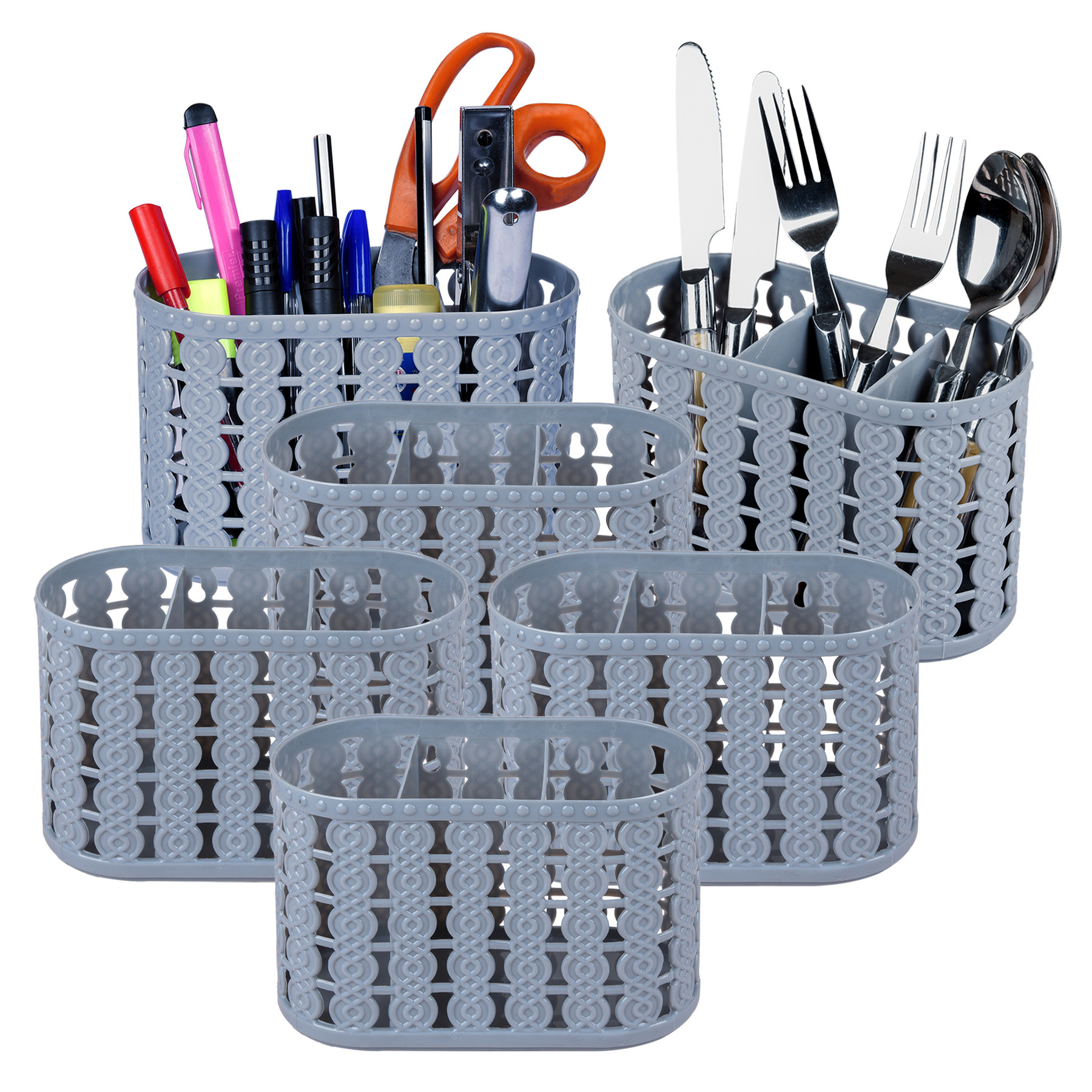 Kuber Industries Cutlery Holder | Kitchen Organizer with 3 Compartments | Stationery Organizer | Dining Tableware Stand | Multipurpose Desk Organizer Box | Sunny | Gray