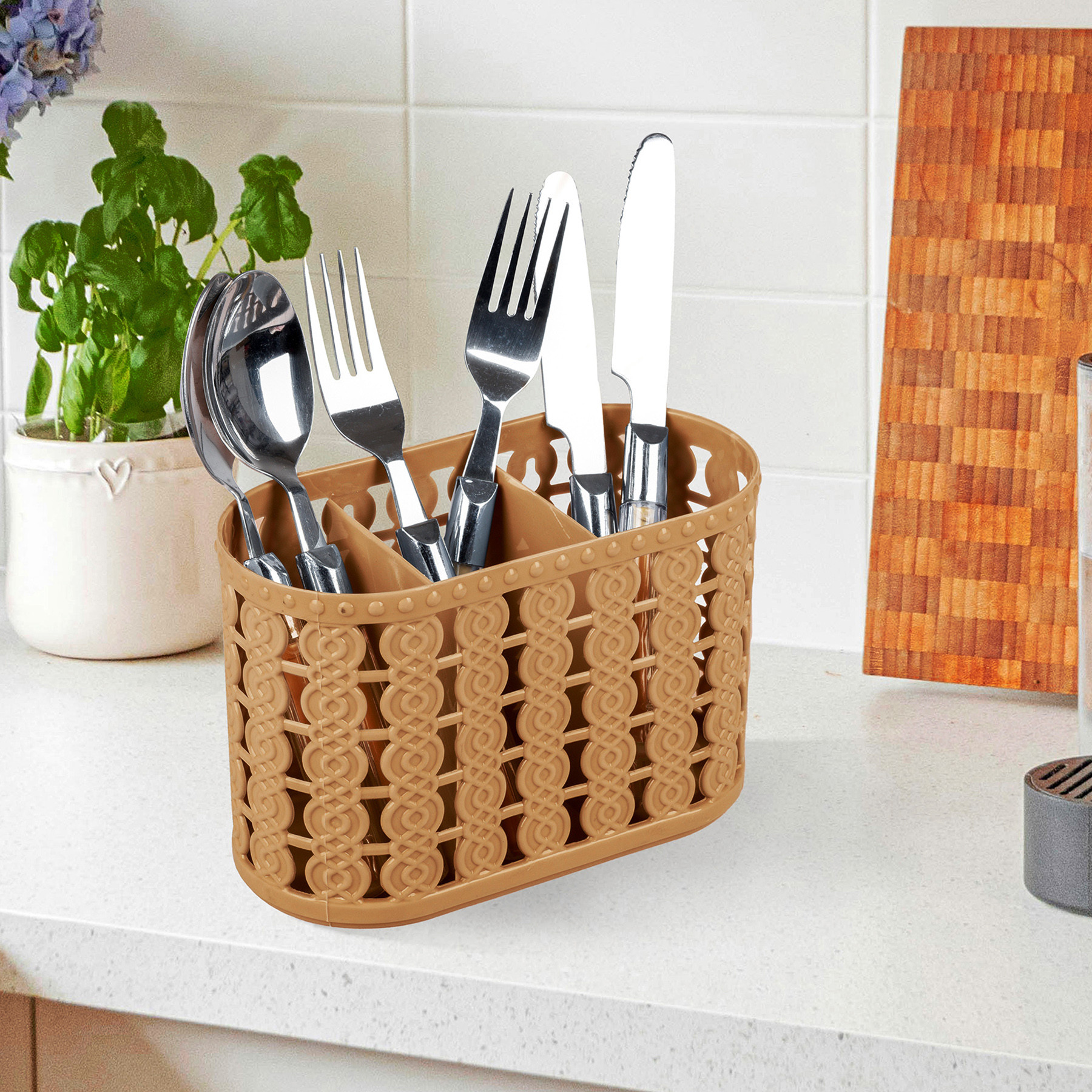 Kuber Industries Cutlery Holder | Kitchen Organizer with 3 Compartments | Stationery Organizer | Dining Tableware Stand | Multipurpose Desk Organizer Box | Sunny | Beige