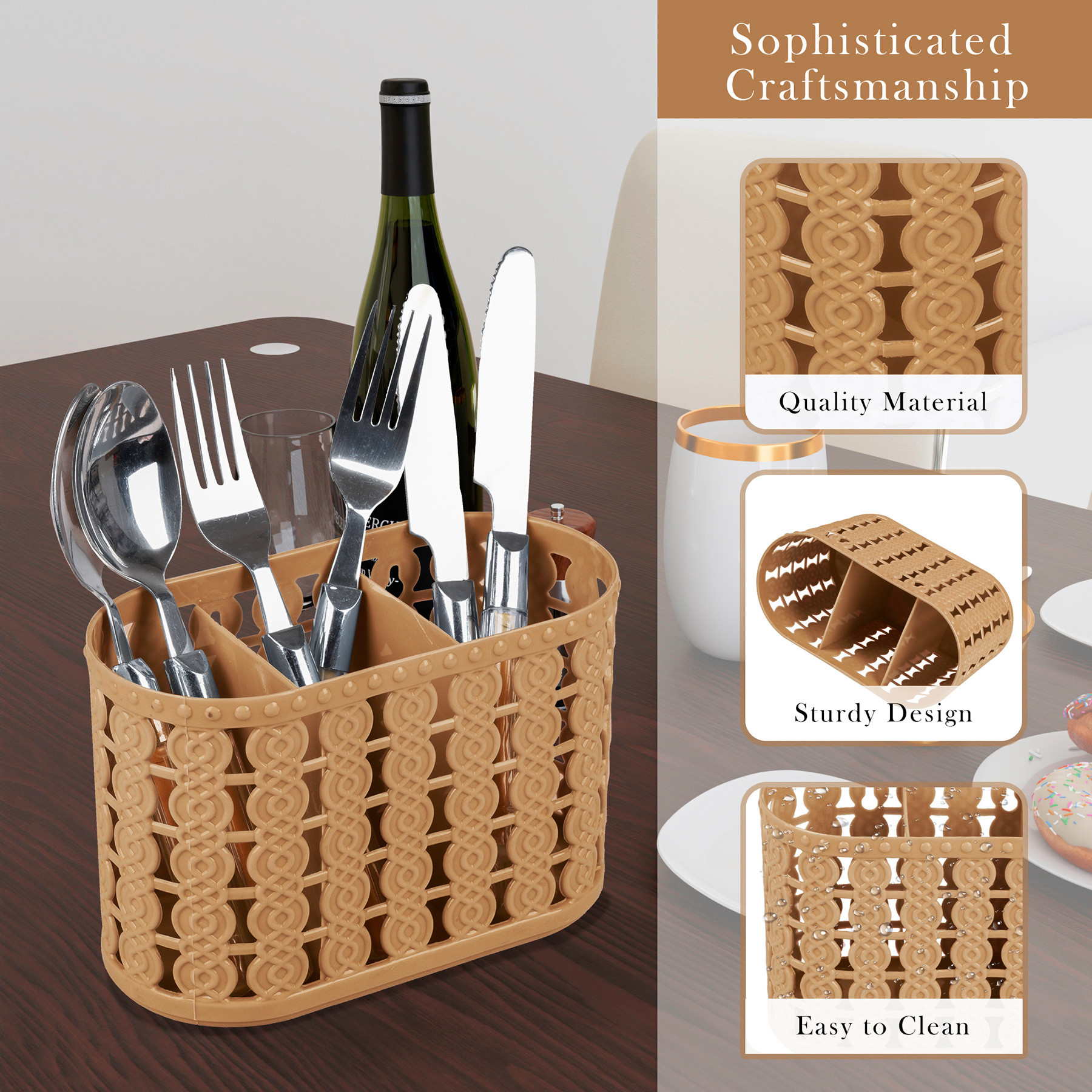 Kuber Industries Cutlery Holder | Kitchen Organizer with 3 Compartments | Stationery Organizer | Dining Tableware Stand | Multipurpose Desk Organizer Box | Sunny | Beige