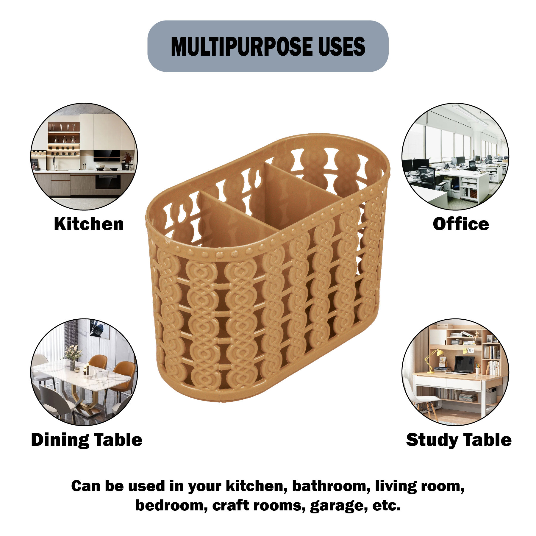 Kuber Industries Cutlery Holder | Kitchen Organizer with 3 Compartments | Stationery Organizer | Dining Tableware Stand | Multipurpose Desk Organizer Box | Sunny | Beige
