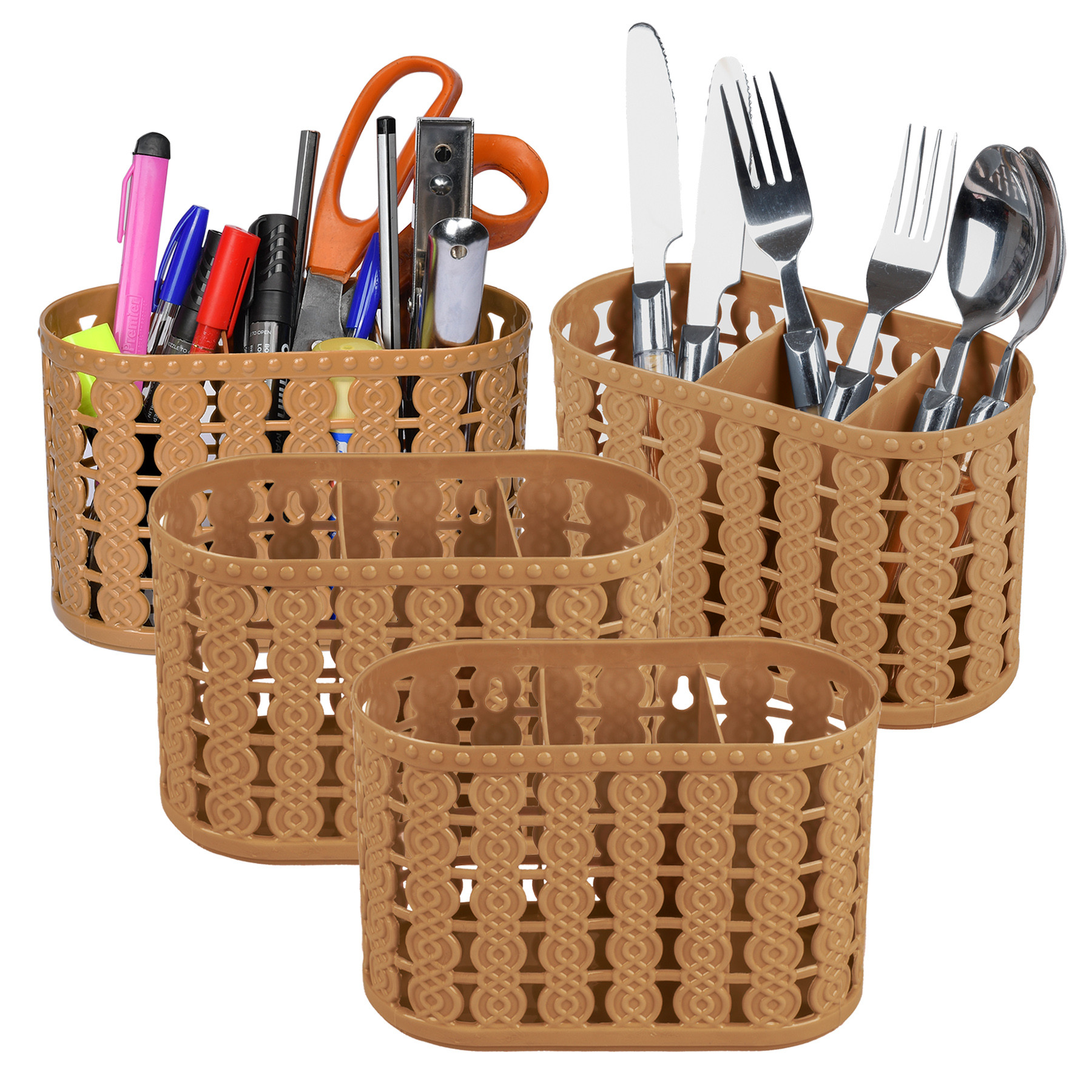 Kuber Industries Cutlery Holder | Kitchen Organizer with 3 Compartments | Stationery Organizer | Dining Tableware Stand | Multipurpose Desk Organizer Box | Sunny | Beige