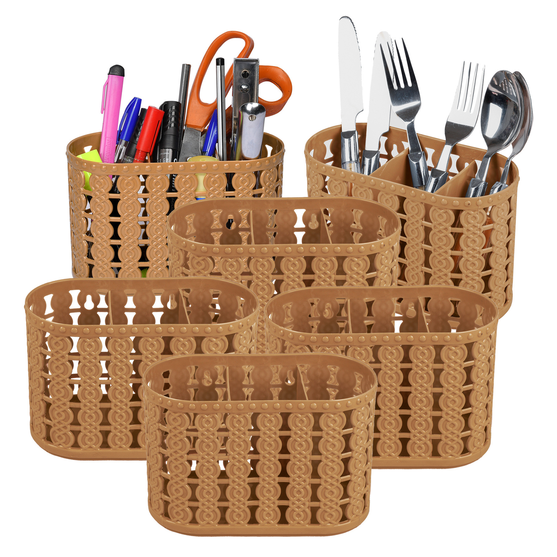 Kuber Industries Cutlery Holder | Kitchen Organizer with 3 Compartments | Stationery Organizer | Dining Tableware Stand | Multipurpose Desk Organizer Box | Sunny | Beige