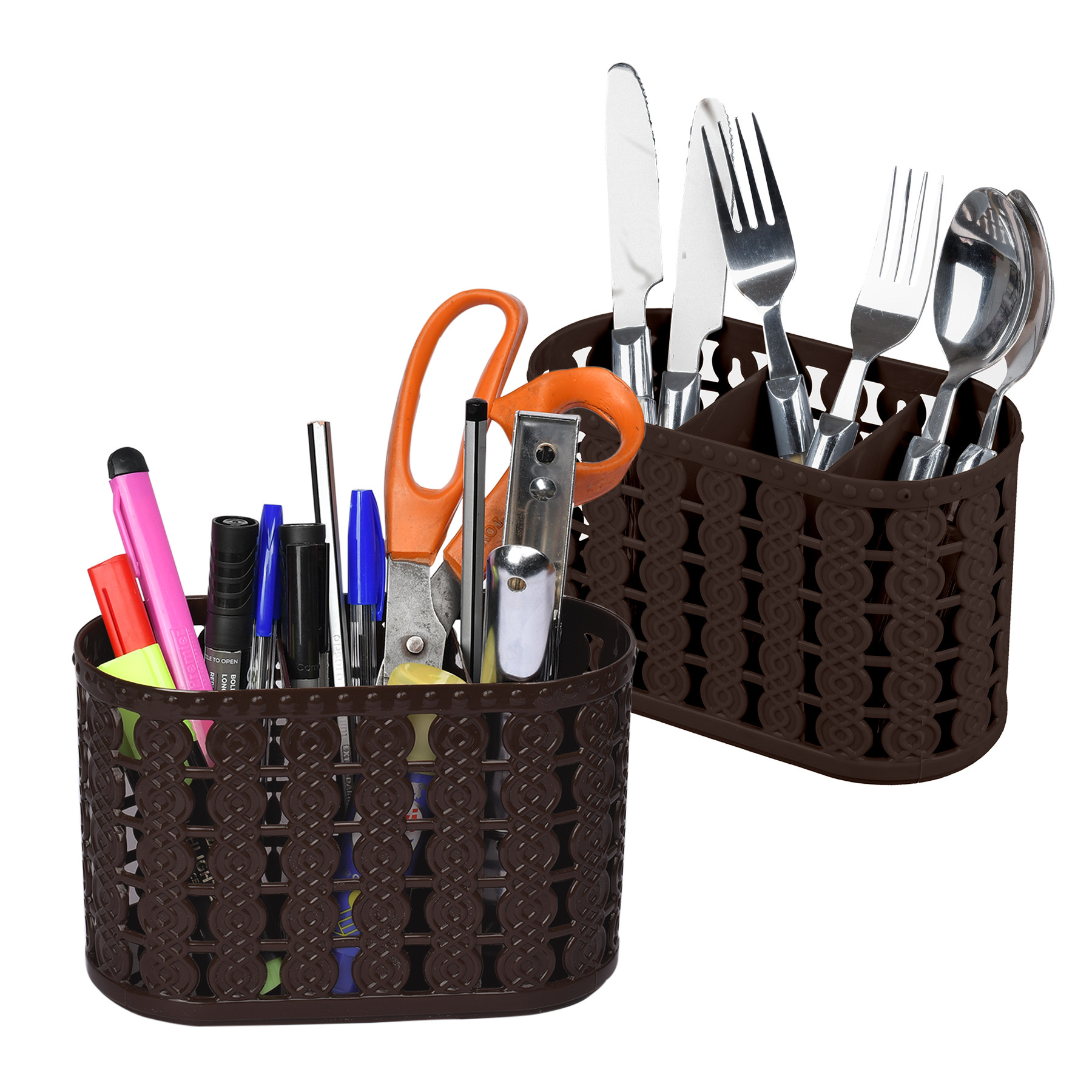 Kuber Industries Cutlery Holder | Kitchen Organizer with 3 Compartments | Stationery Organizer | Dining Tableware Stand | Multipurpose Desk Organizer Box | Sunny | Brown