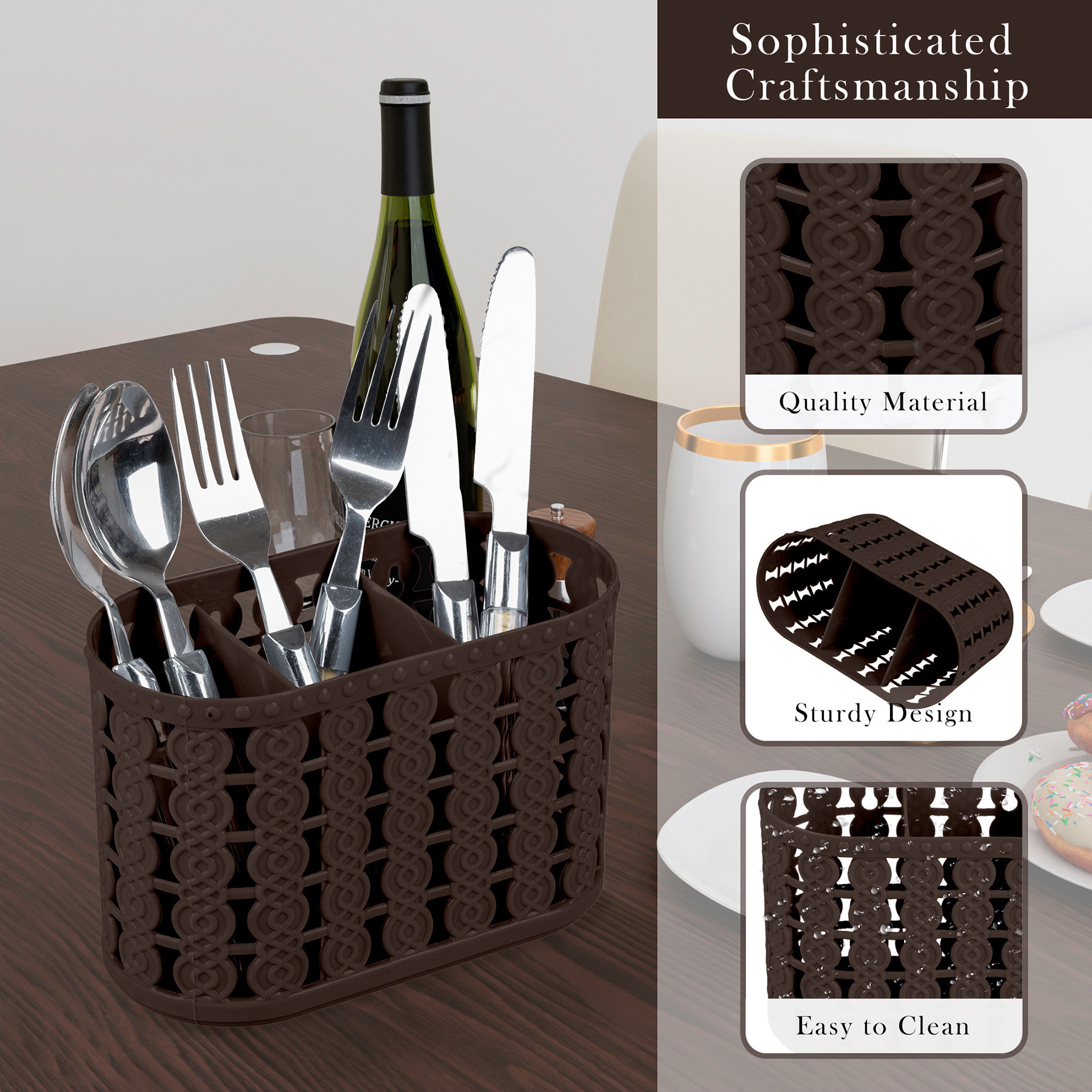 Kuber Industries Cutlery Holder | Kitchen Organizer with 3 Compartments | Stationery Organizer | Dining Tableware Stand | Multipurpose Desk Organizer Box | Sunny | Brown