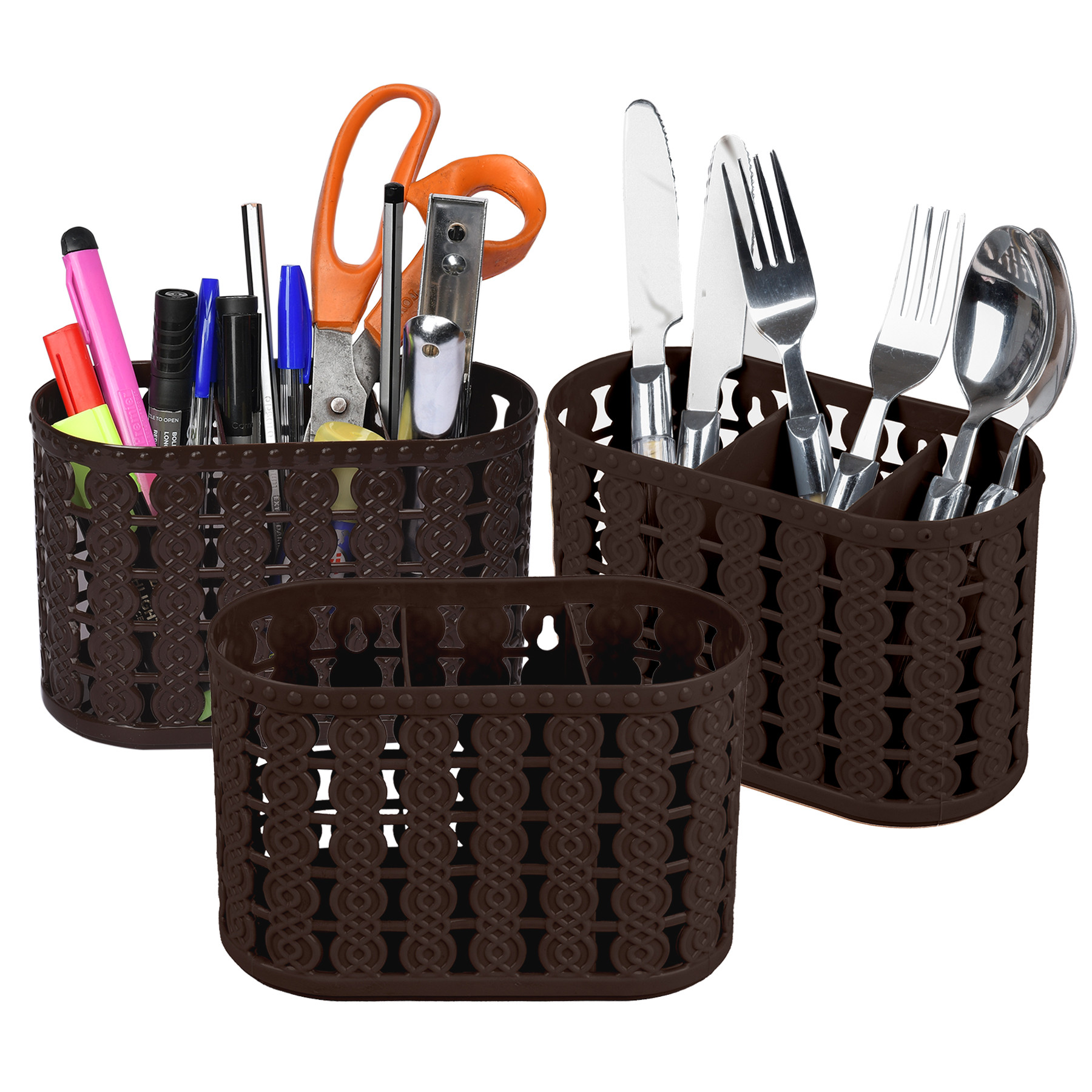 Kuber Industries Cutlery Holder | Kitchen Organizer with 3 Compartments | Stationery Organizer | Dining Tableware Stand | Multipurpose Desk Organizer Box | Sunny | Brown