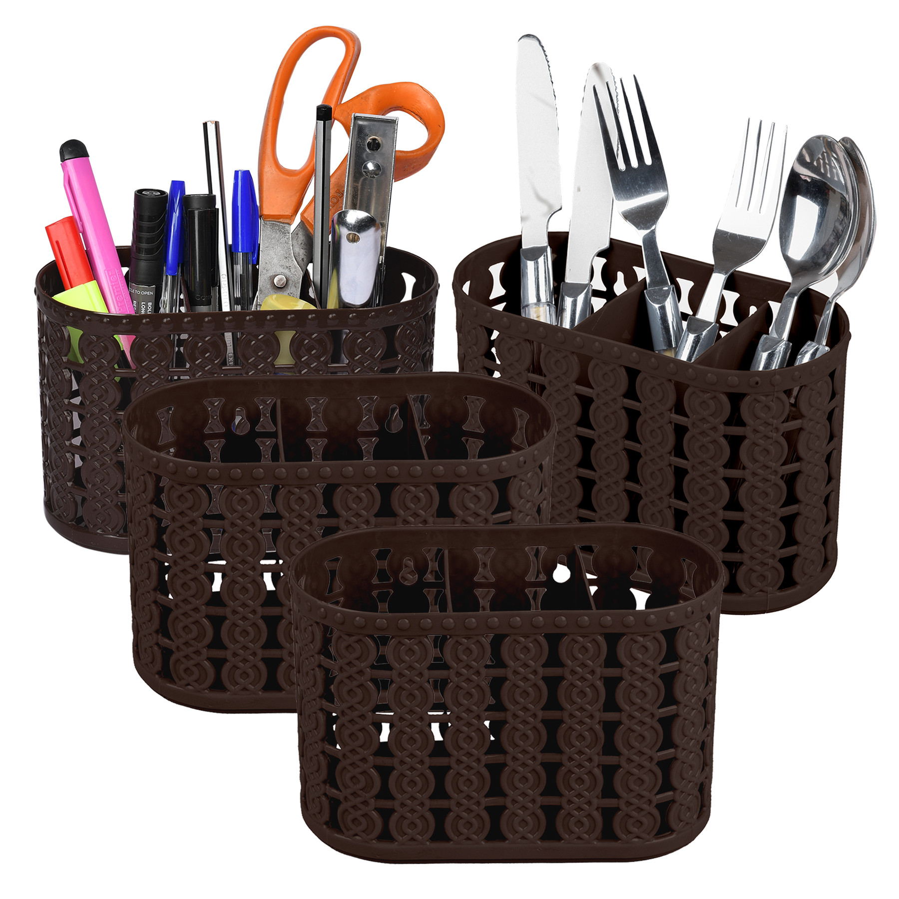 Kuber Industries Cutlery Holder | Kitchen Organizer with 3 Compartments | Stationery Organizer | Dining Tableware Stand | Multipurpose Desk Organizer Box | Sunny | Brown