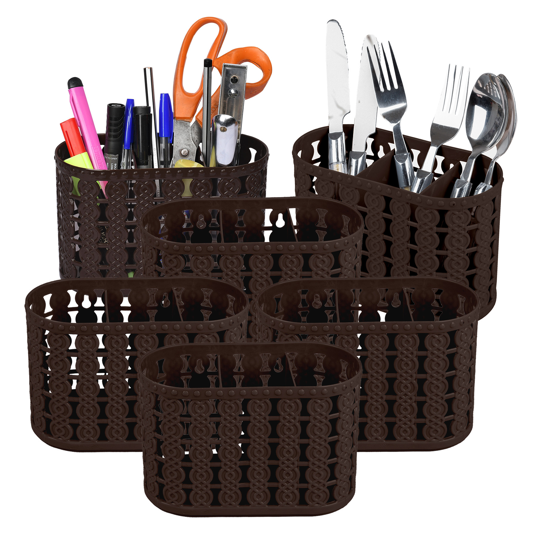 Kuber Industries Cutlery Holder | Kitchen Organizer with 3 Compartments | Stationery Organizer | Dining Tableware Stand | Multipurpose Desk Organizer Box | Sunny | Brown