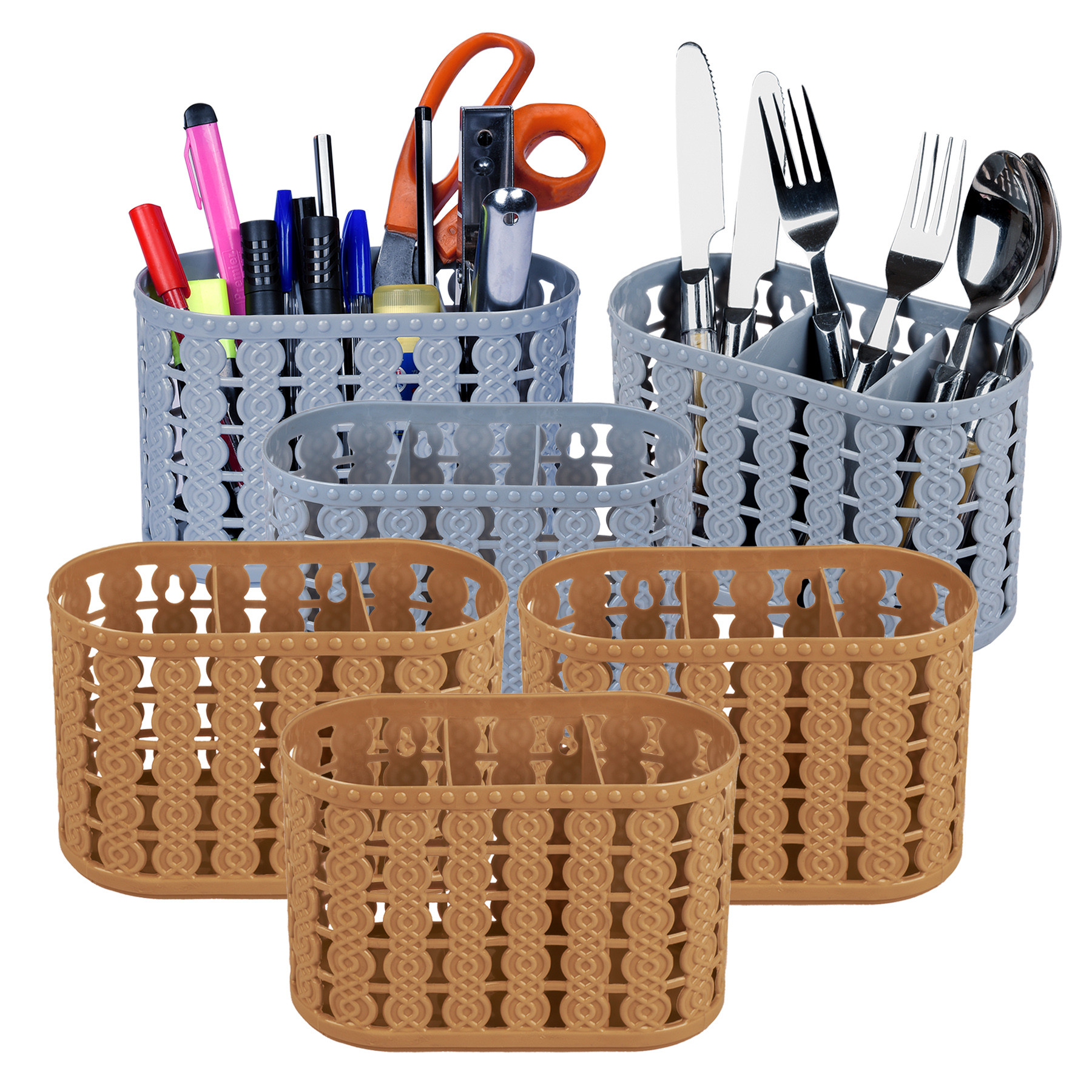 Kuber Industries Cutlery Holder | Kitchen Organizer with 3 Compartments | Stationery Organizer | Dining Tableware Stand | Multipurpose Desk Organizer Box | Sunny | Gray & Beige