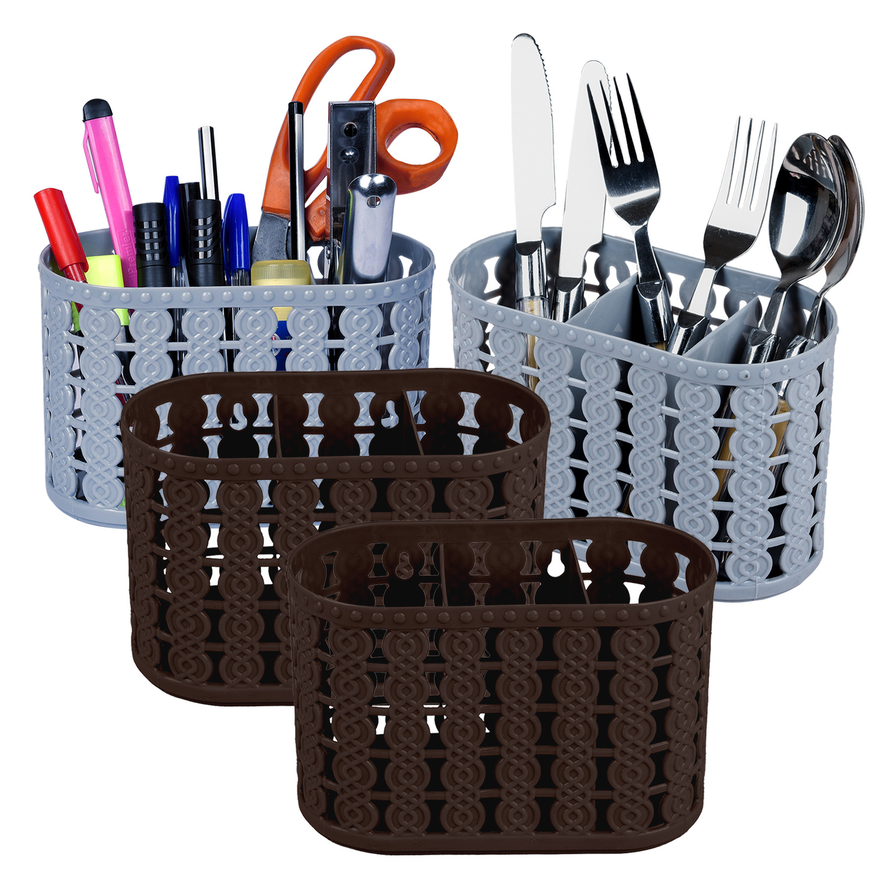 Kuber Industries Cutlery Holder | Kitchen Organizer with 3 Compartments | Stationery Organizer | Dining Tableware Stand | Multipurpose Desk Organizer Box | Sunny | Gray & Brown