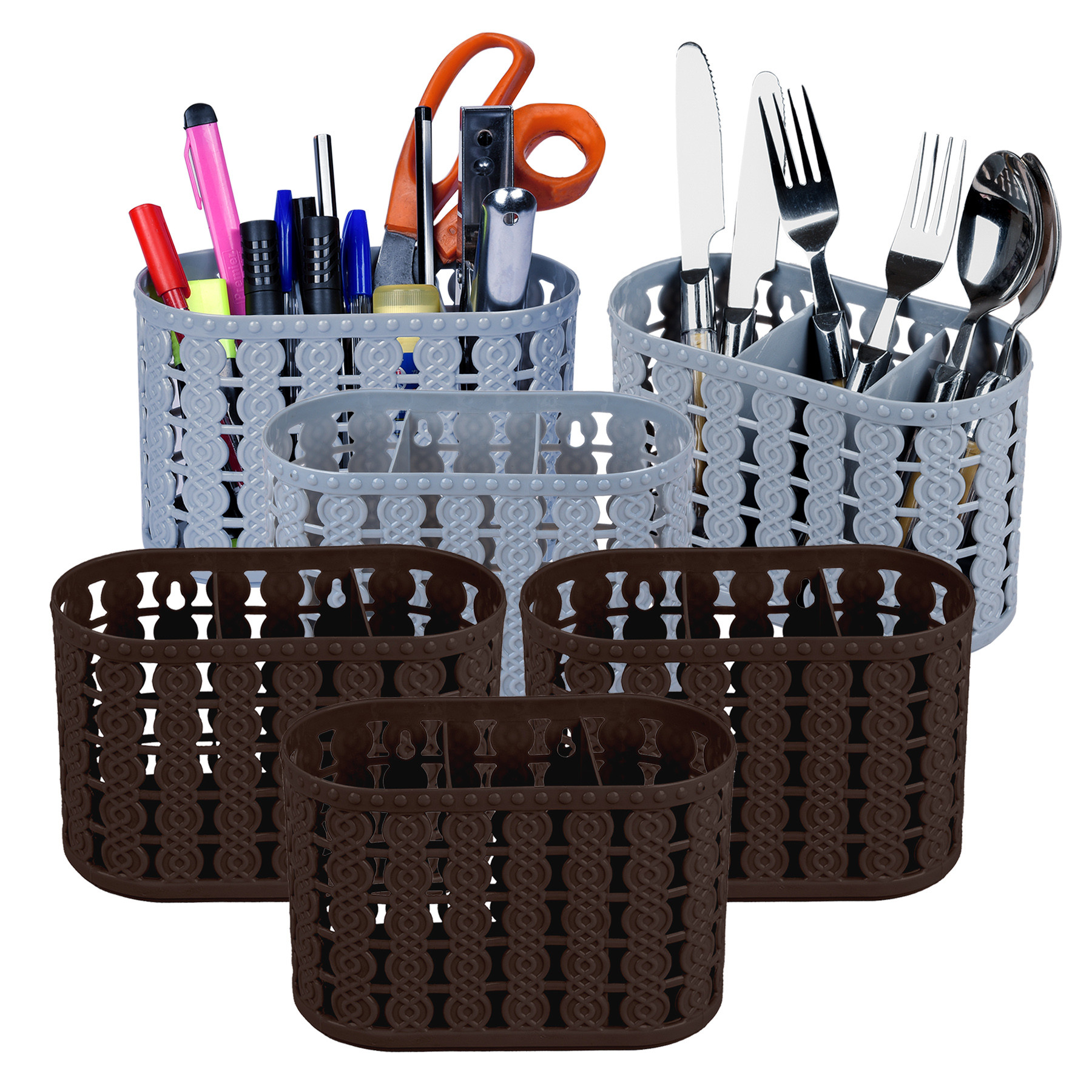 Kuber Industries Cutlery Holder | Kitchen Organizer with 3 Compartments | Stationery Organizer | Dining Tableware Stand | Multipurpose Desk Organizer Box | Sunny | Gray & Brown